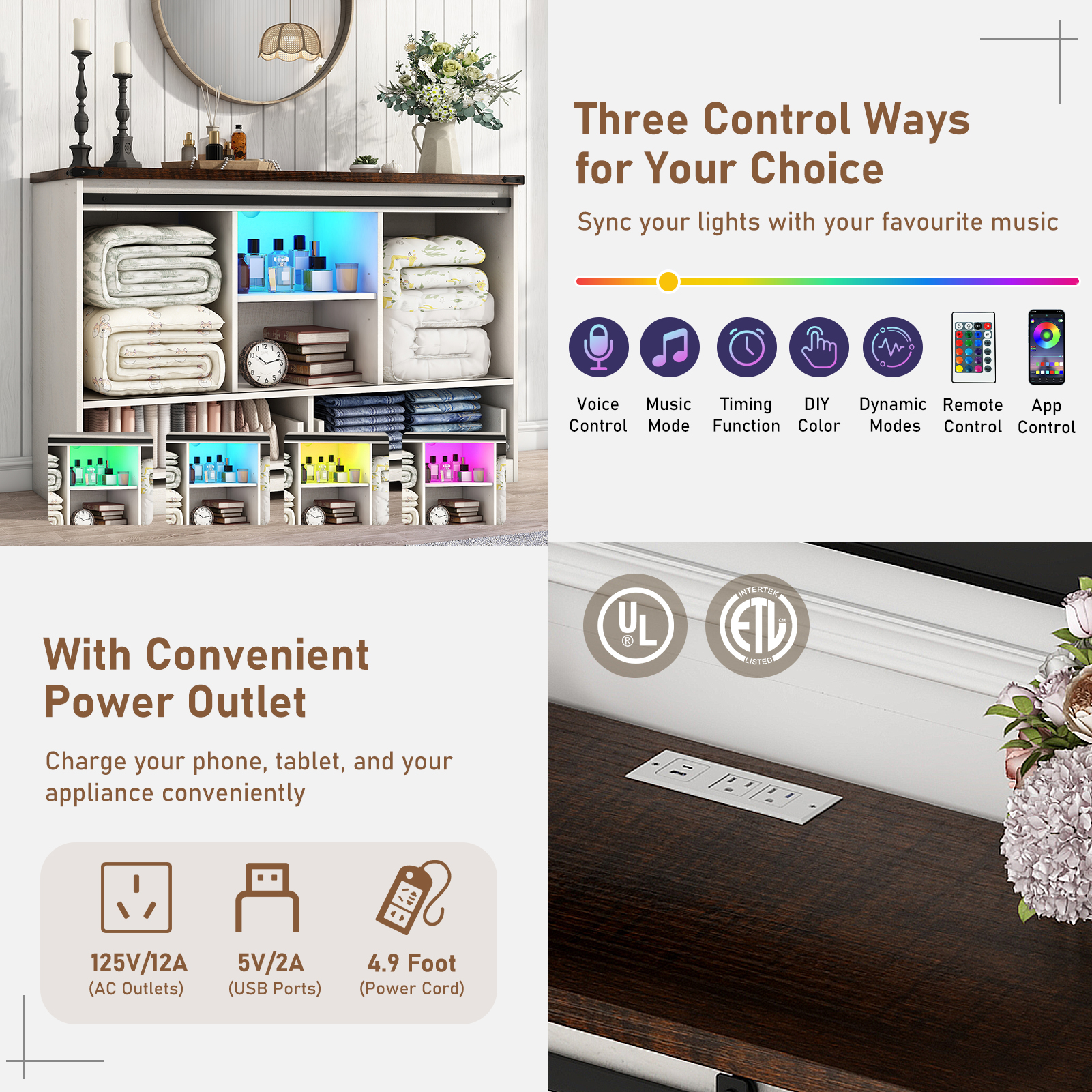 ChVans 47'' Farmhouse Dresser with LED Light & Power Outlet, 2 Drawers, 2 Sliding Doors, 2 Storage layers, Rustic Dresser TV Stand for 60in TV, Wood Storage Cabinet for Bedroom, Living Room, Hallway