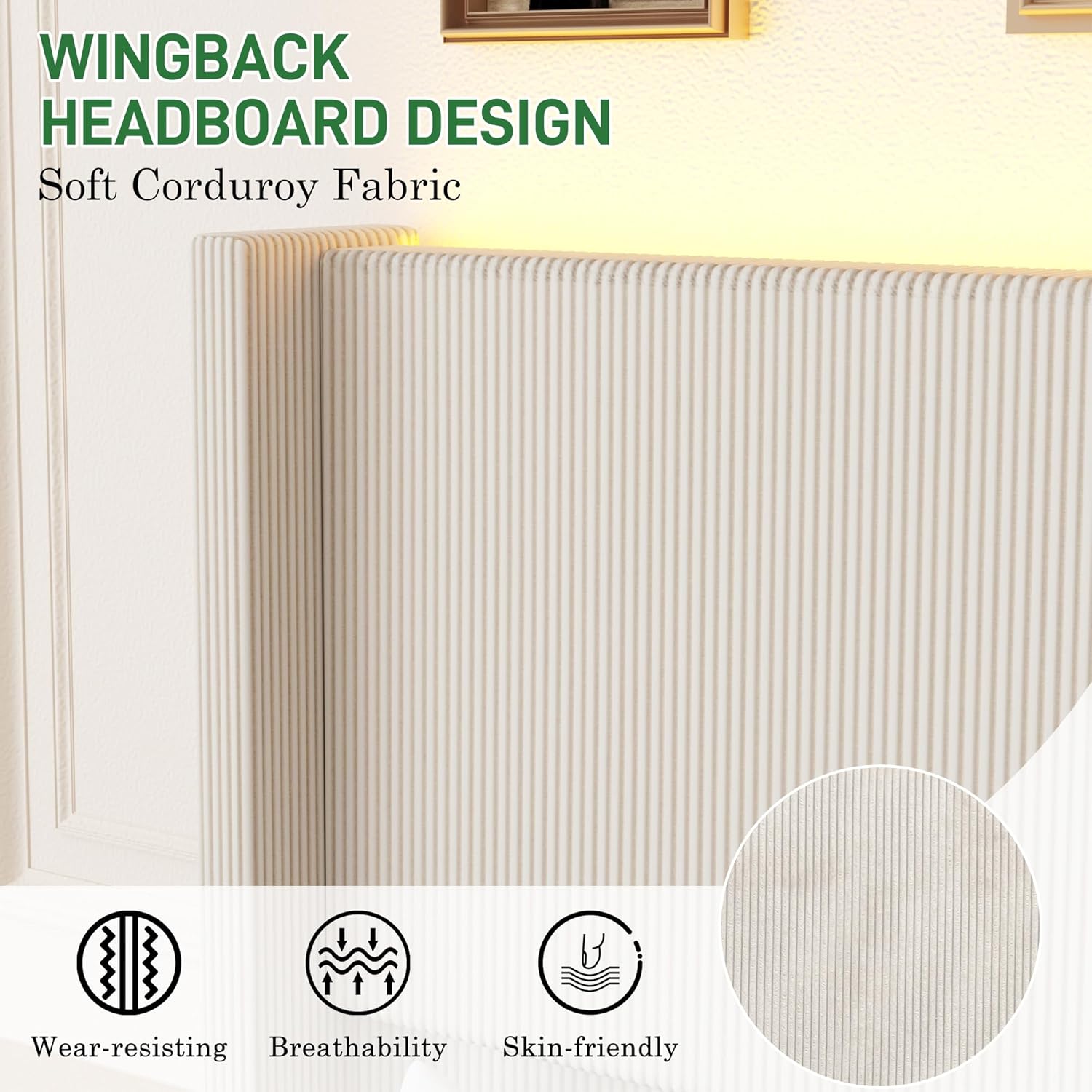 ANPOO Queen Size LED Upholstered Bed Frame with Drawer, Wingback Platform Bed Frame with 52" Headboard & Footboard, Corduroy Bed Frame No Box Spring Needed/Noise Free