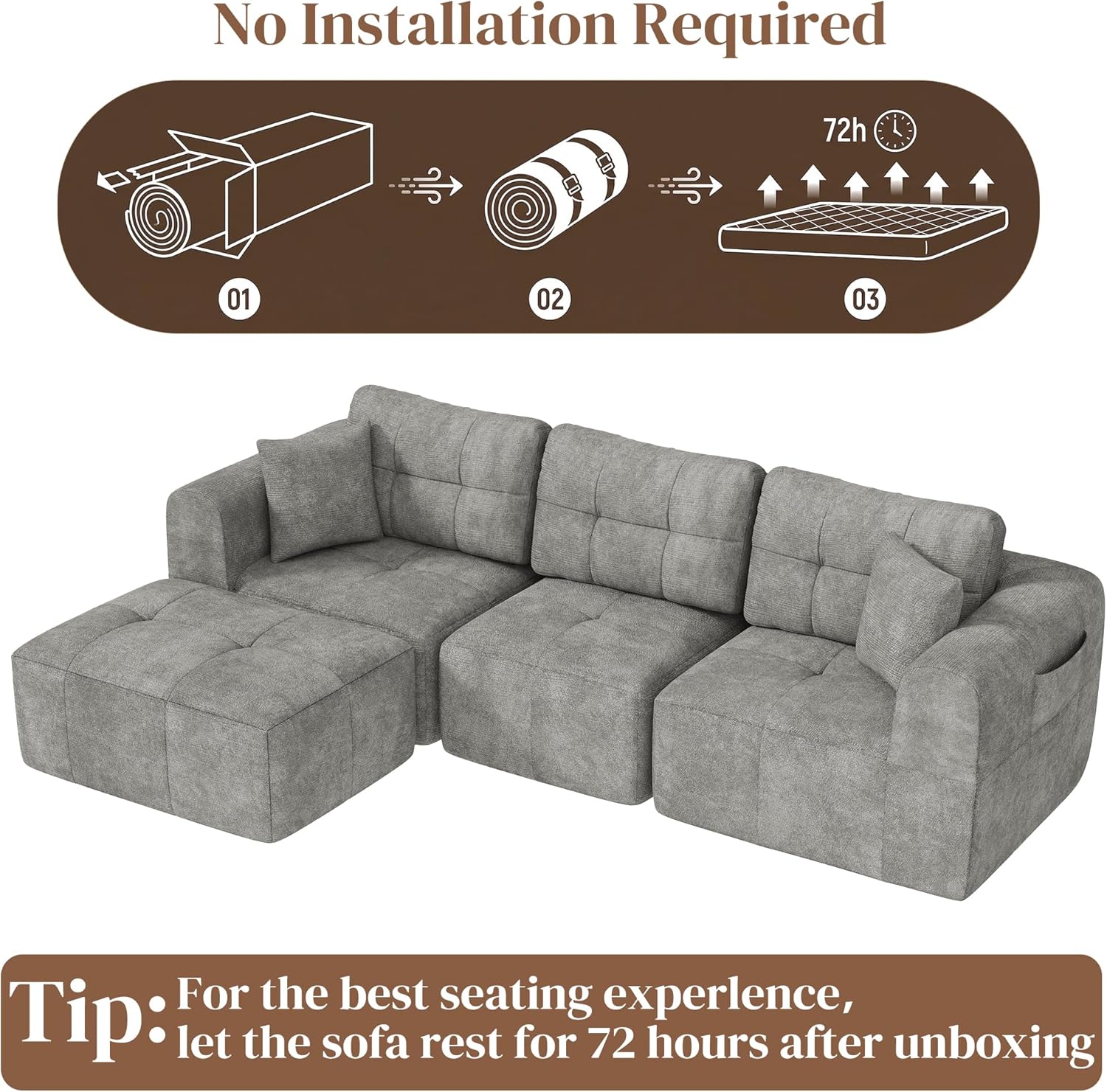 ChVans 110" L-Shaped Sectional Sofa with Convertible Left/Right Ottoman, Boneless Sofa with Oversized Chaise & Layered Cushion, Upholstered Couches for Living Room Bedroom, No Assembly