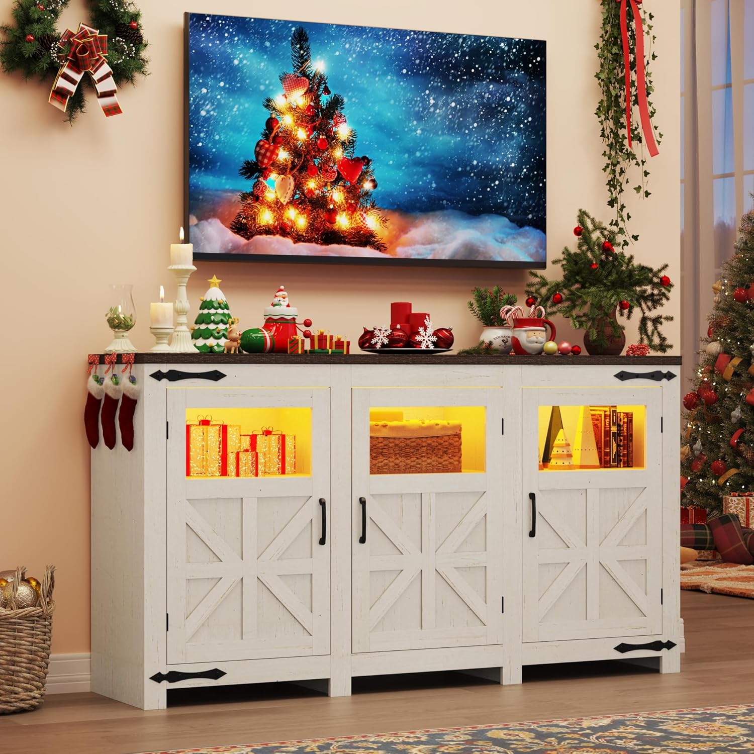 ChVans LED Farmhouse TV stand for up to 85" TVs with Power Outlet, 74" Large Entertainment Center Console Table, 33.5" Tall Rustic Media Console w/Storage Shelves for Living Room