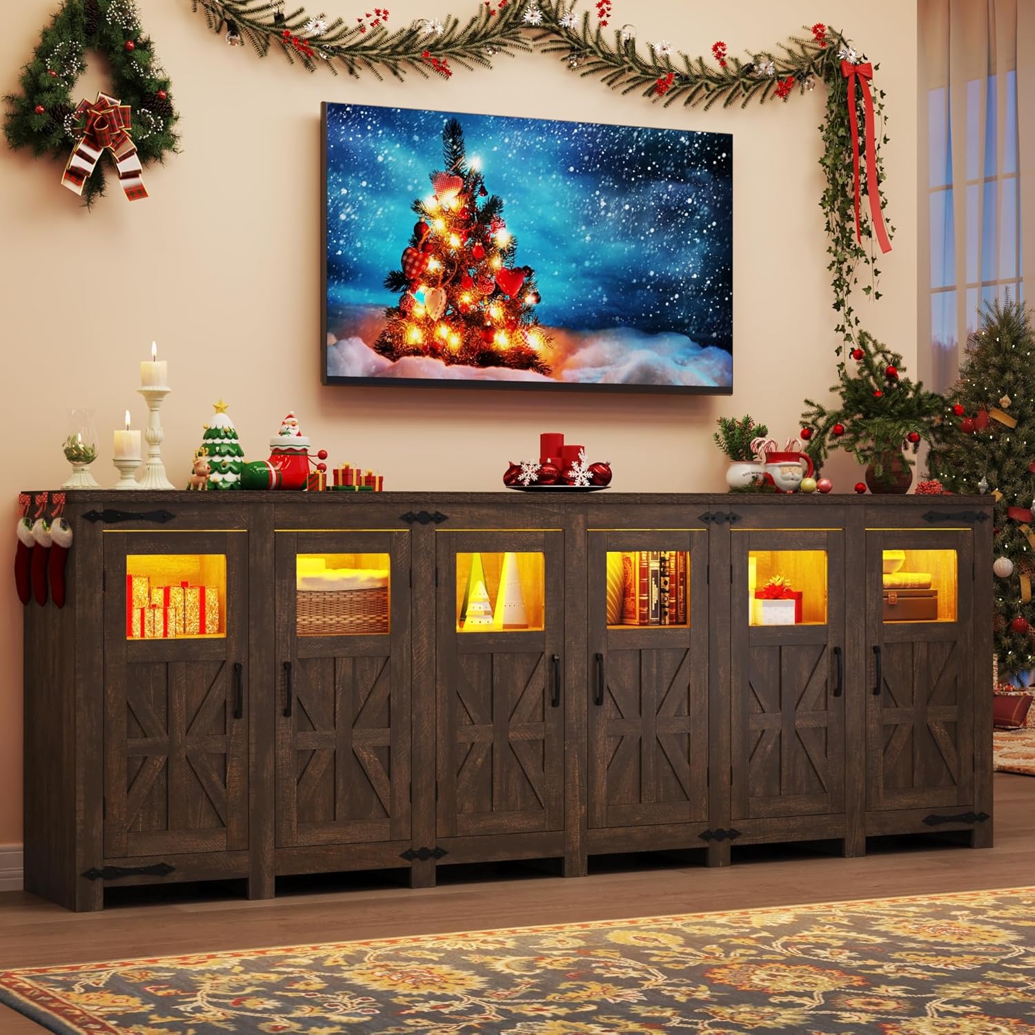 ChVans LED Farmhouse TV stand for up to 85" TVs with Power Outlet, 74" Large Entertainment Center Console Table, 33.5" Tall Rustic Media Console w/Storage Shelves for Living Room