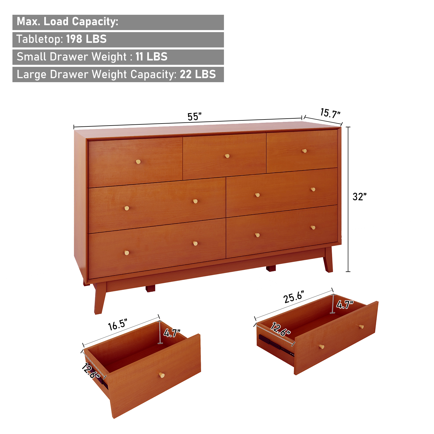 ChVans 7 Drawer Dresser for Bedroom, Wood Dressers with Metal Handles, Storage Cabinet Dressers for Bedroom, Hallway, Kids Room, Entryway, Hallway