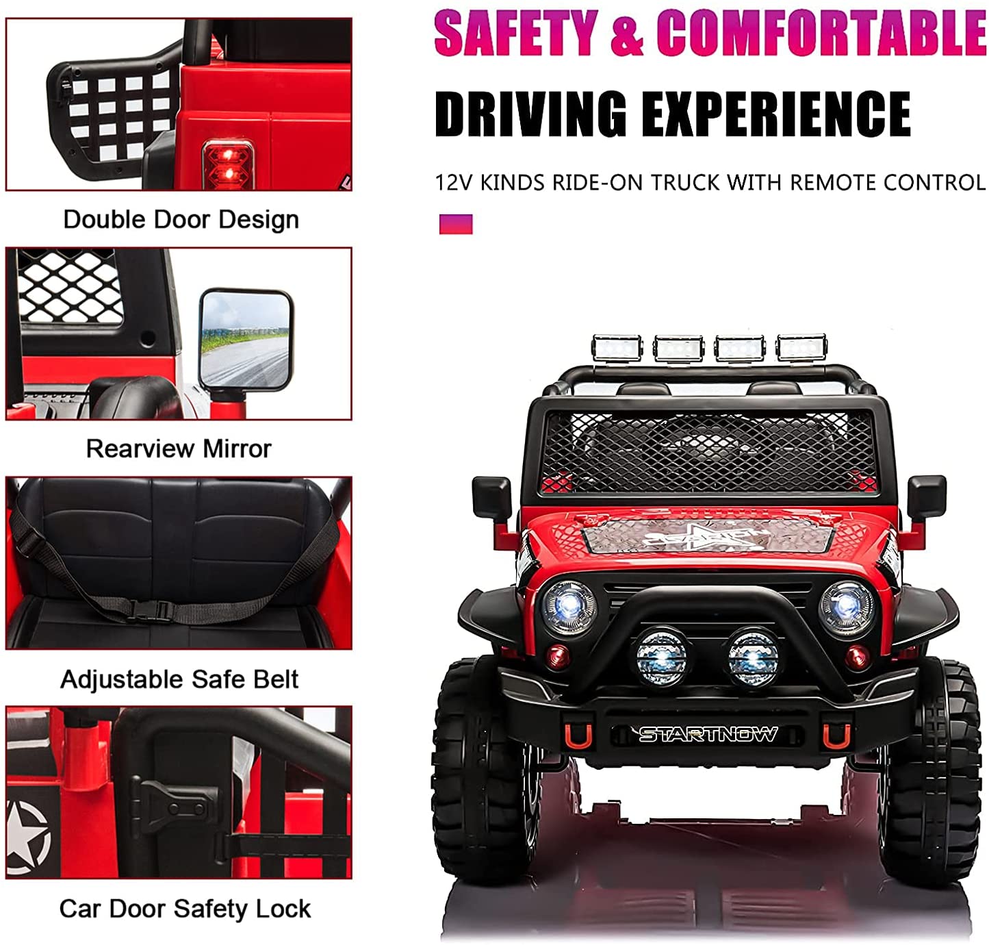 12 V Kids Ride On Truck, 2-Seater Battery Powered Toy Car w/ Remote Control, Spring Suspension, Bluetooth, LED Lights