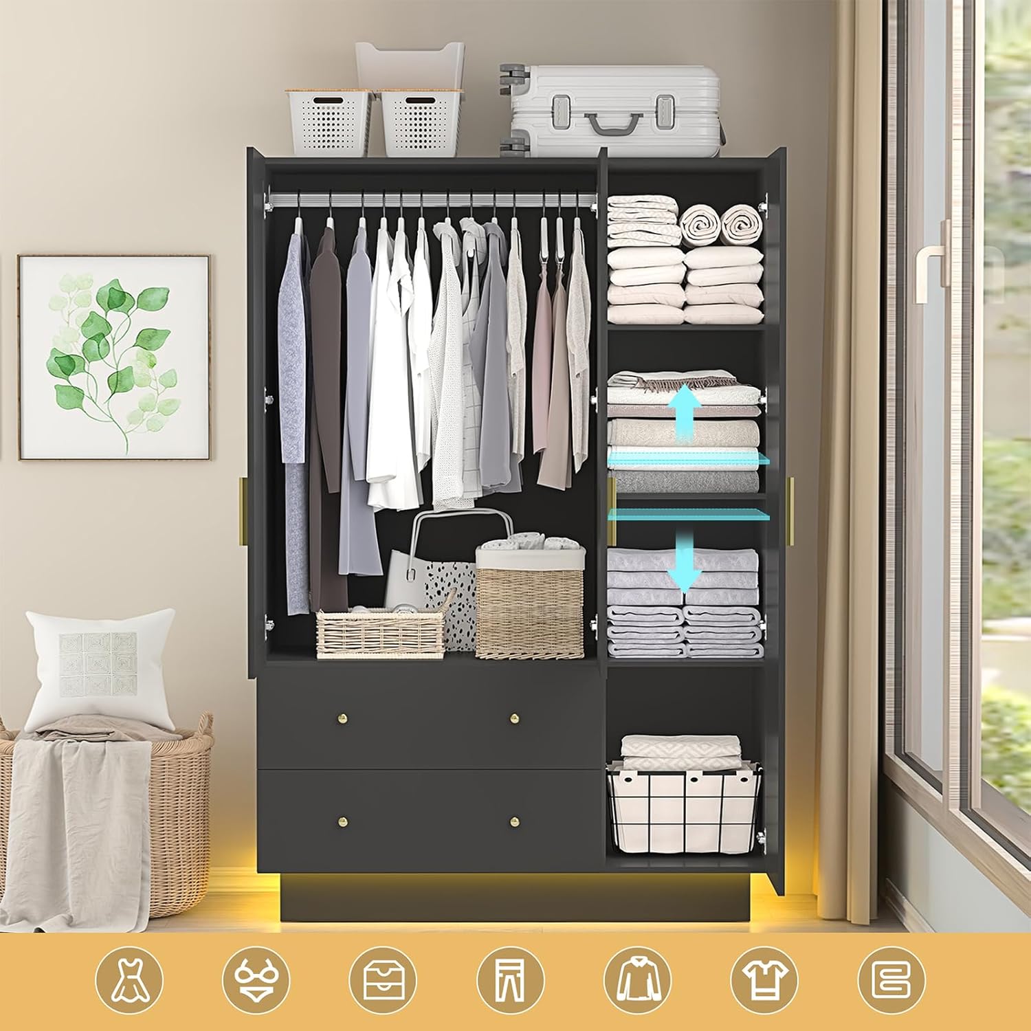 3 Doors Armoire Wardrobe Closet with Mirror and LED Lights, Armoire with Doors and Drawers, Modern Wooden Armoire Wardrobe Closet with Hanging Rod for Bedroom