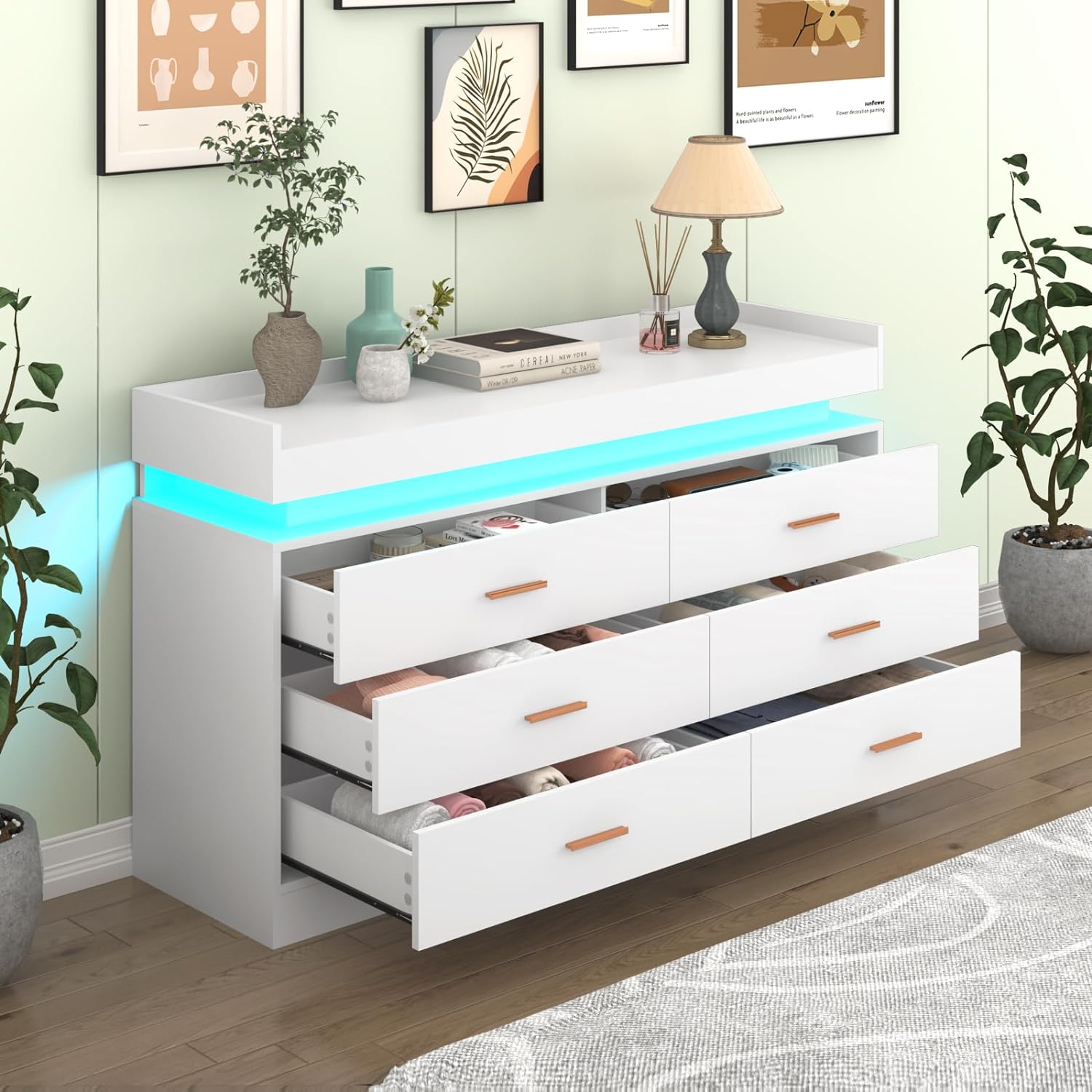 White Dresser with LED Light, Modern Wood Dresser with Wide Drawers and Metal Handles, 6 drawer dresser for Bedroom, Living Room, Entryway, Hallway