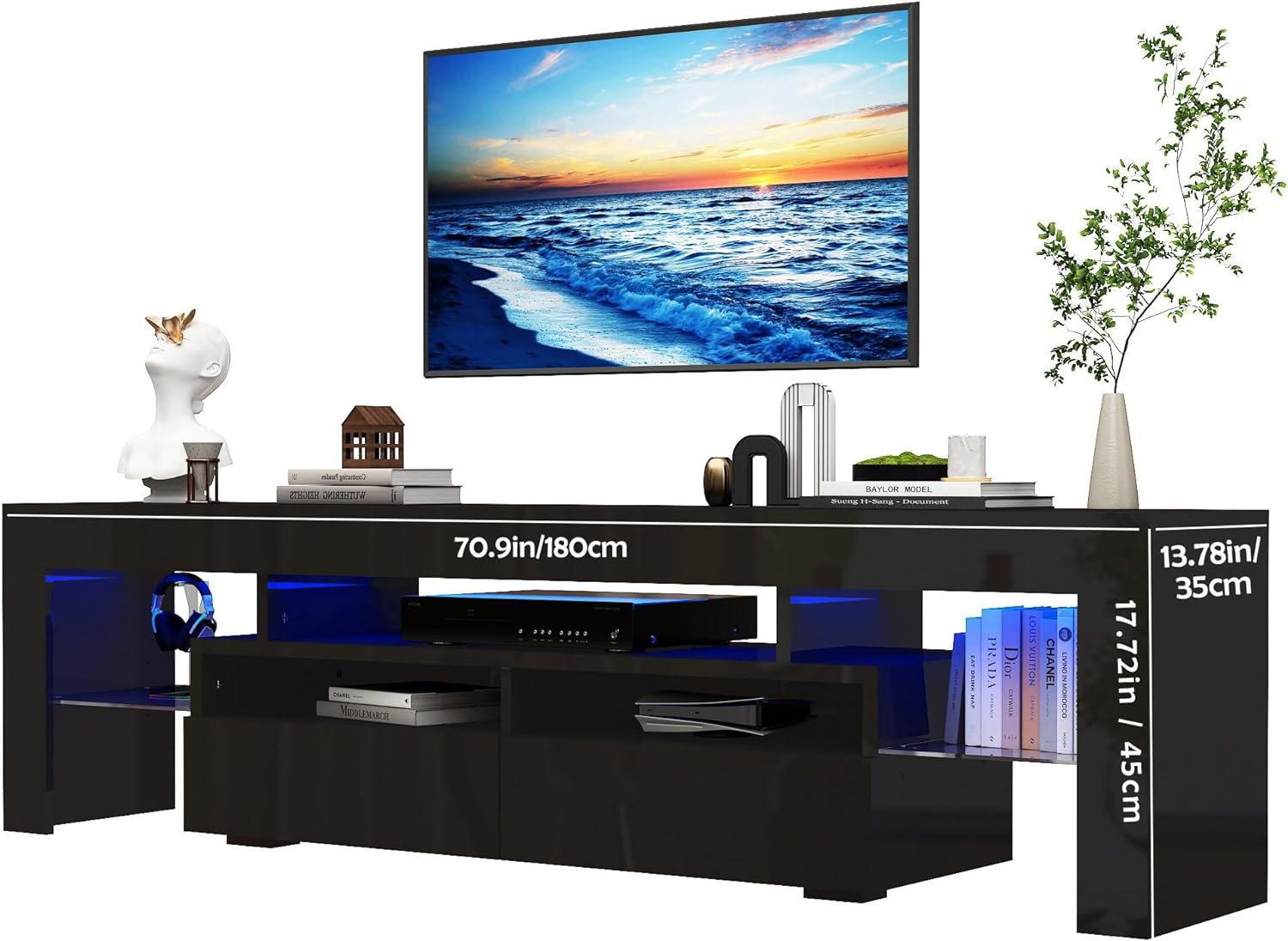 ChVans LED TV Stand for 65/75/85 inch TV, High Glossy Modern Entertainment Center with Drawer and LED Lights