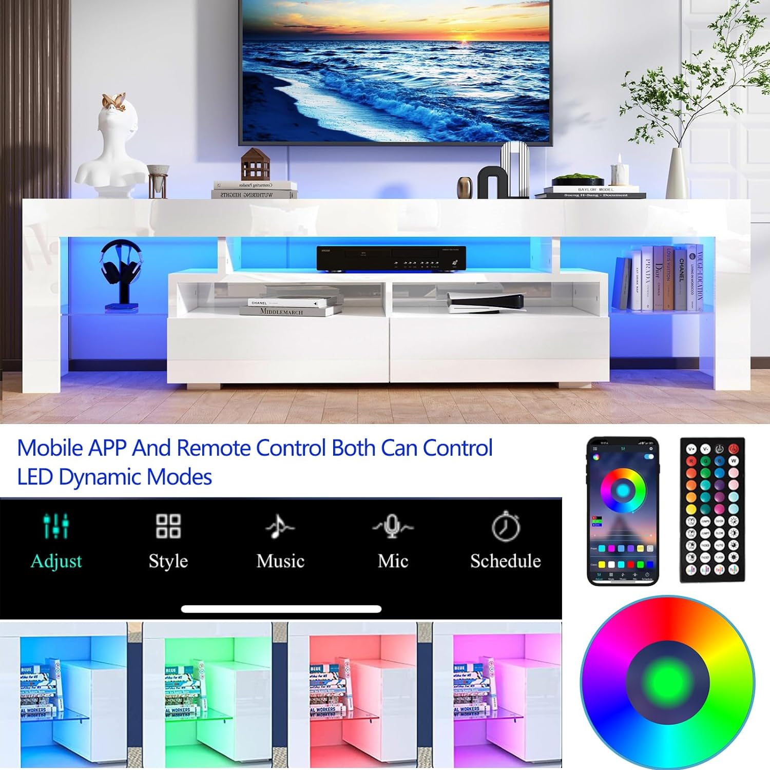 ChVans LED TV Stand for 65/75/85 inch TV, High Glossy Modern Entertainment Center with Drawer and LED Lights