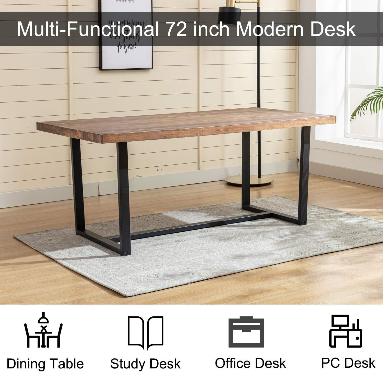 ChVans Dining Table for 4-6 Person, Rustic Farmhouse Solid Wood Dining Table with Metal Frame for Kitchen Meal(Brown-72 in Dining Table)