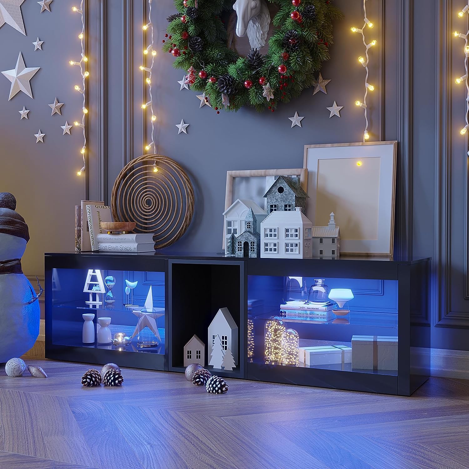 ChVans Modern LED TV Stand for TVs up to 70" with Adjustable LED Lights/Outlet, High Gloss Entertainment Center with Open Shelves Storage, Media Console TV Stands for Living Room, Game room, Bedroom