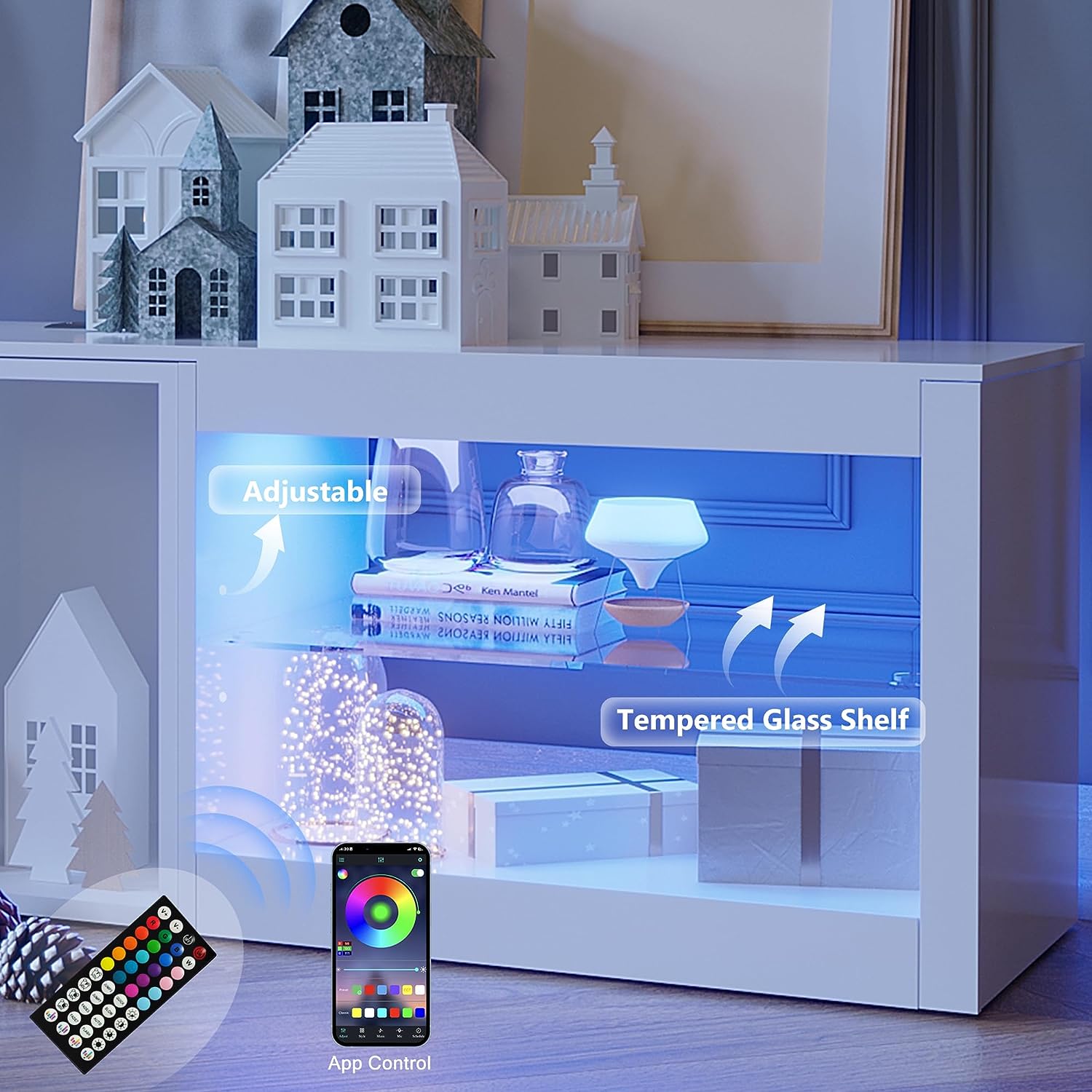 ChVans Modern LED TV Stand for TVs up to 70" with Adjustable LED Lights/Outlet, High Gloss Entertainment Center with Open Shelves Storage, Media Console TV Stands for Living Room, Game room, Bedroom