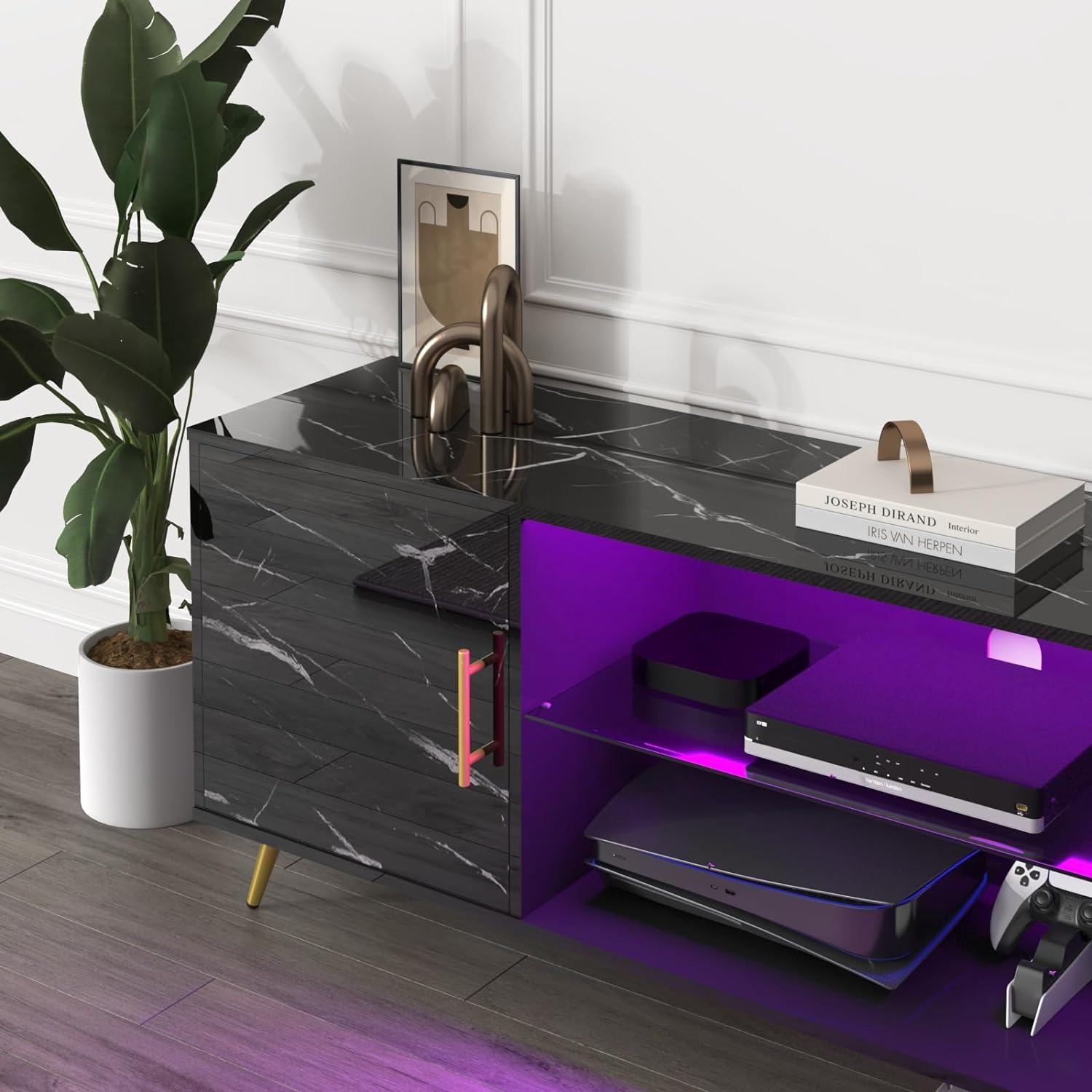 ChVans TV Stand for 80 inch TV with LED Lights, High Gloss Entertainment Center Media Console with Large Storage, LED TV Stand for Living Room, Bedroom(Marble Black)