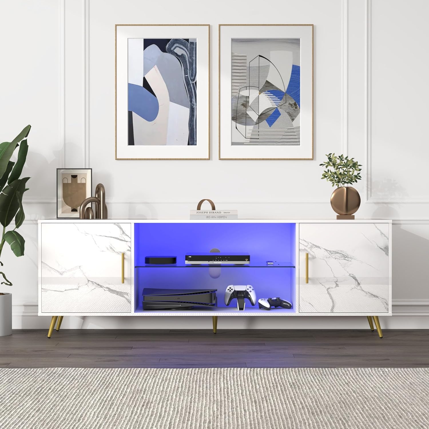ChVans TV Stand for 80 inch TV with LED Lights, High Gloss Entertainment Center Media Console with Large Storage, LED TV Stand for Living Room, Bedroom(Marble Black)