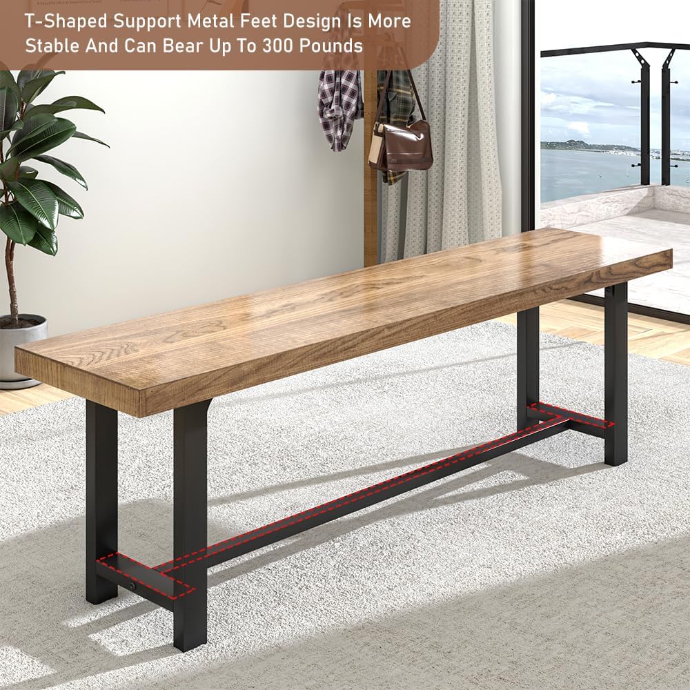 ChVans 60in Farmhouse Solid Wood Dining Bench for 2 3 4 Person, Kitchen Table Bench with Strong Metal Legs(Brown-60IN Solid Wood Bench)