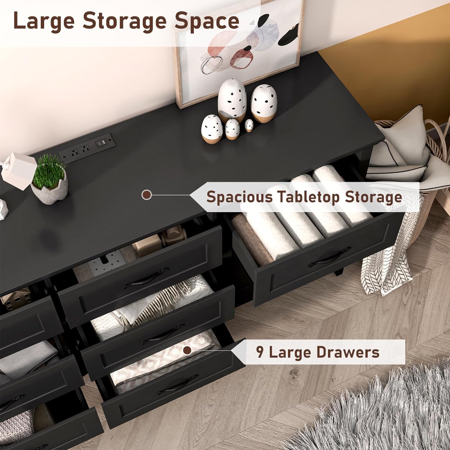 ANPOO 9 drawer dresser for Bedroom, Farmhouse Long Dresser with Charging Station and Antique Handles, Wood Chest of Drawers for Living Room, Entryway, Hallway, Hallway(Black)