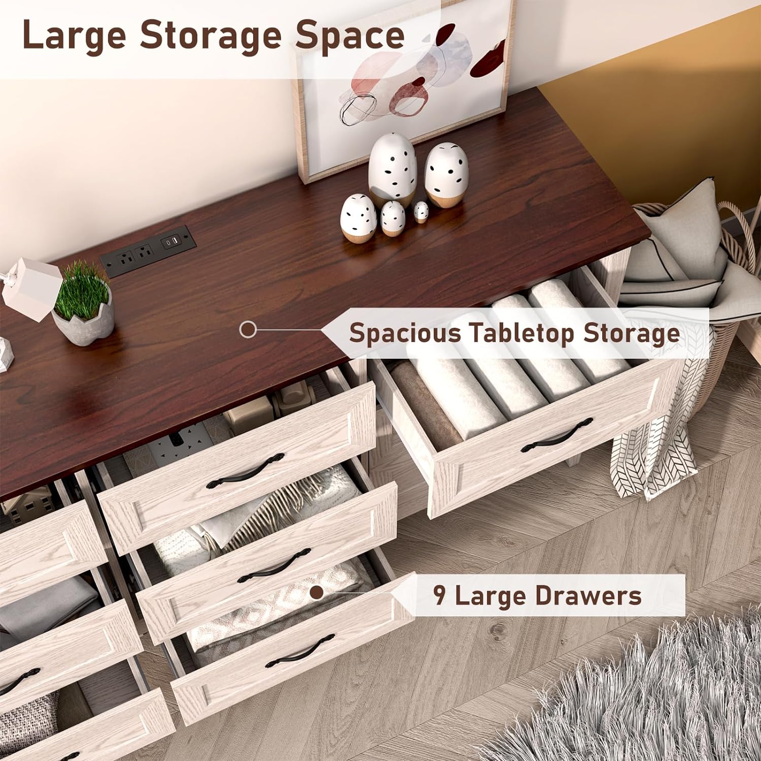ANPOO 9 drawer dresser for Bedroom, Farmhouse Long Dresser with Charging Station and Antique Handles, Wood Chest of Drawers for Living Room, Entryway, Hallway, Hallway(Black)