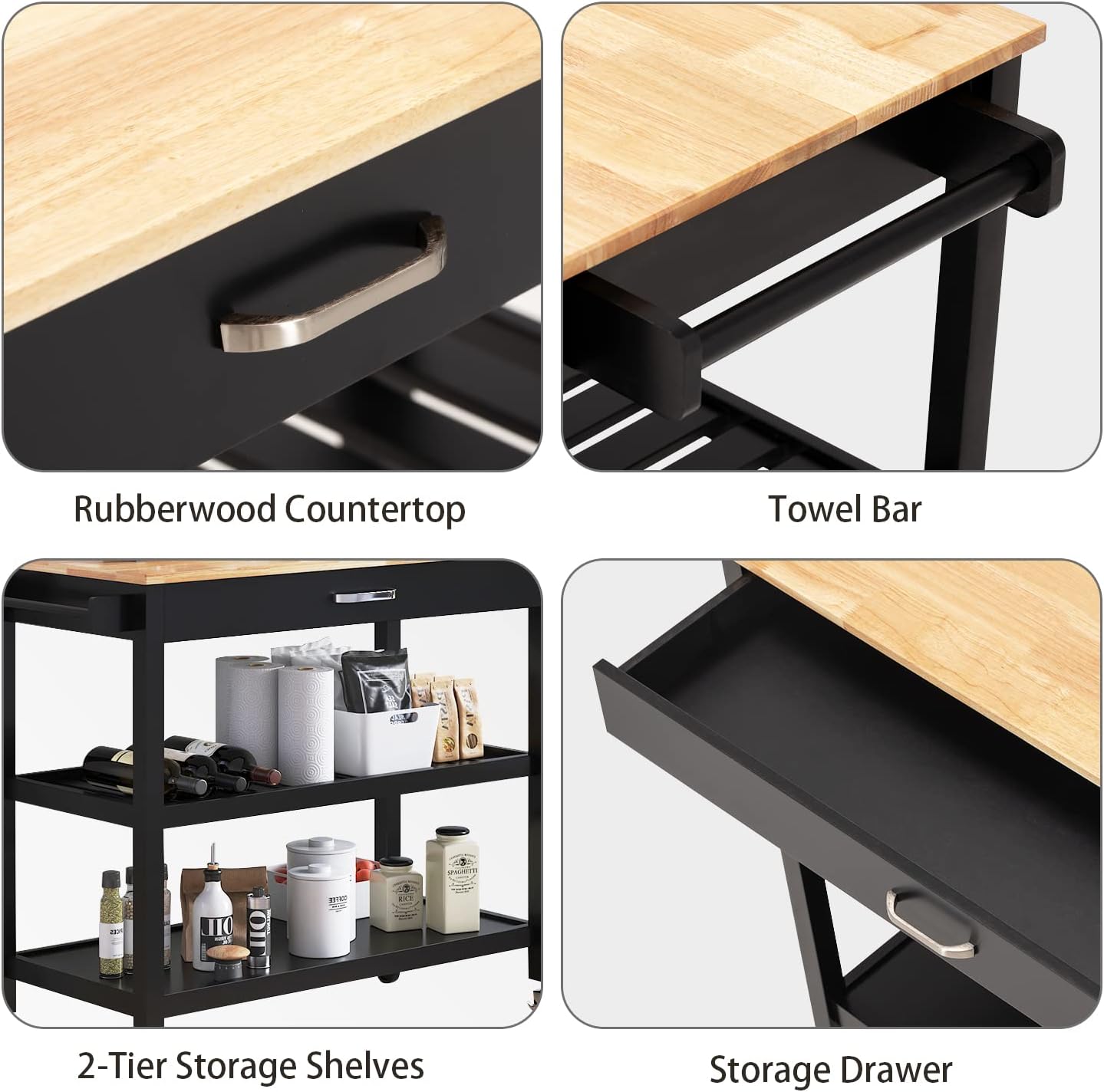 ANPOO 3 Tier Kitchen Island Carts on Wheels with Storage, Mobile Rolling Cart with Large Capacity Storage Drawers, Towel Rack, Rubber wood Top, for Kitchen and Dining Room(Black)