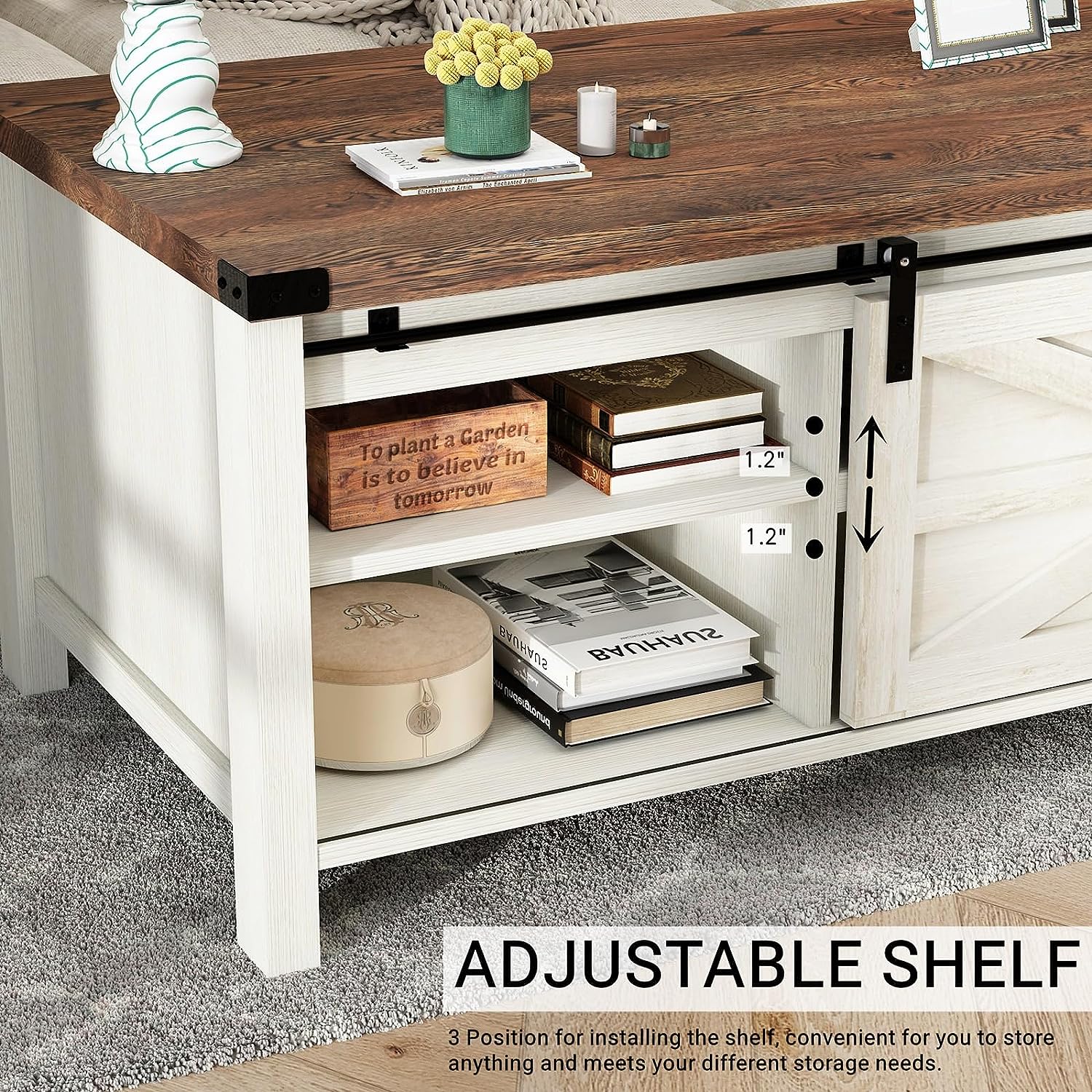 48" Modern Farmhouse Coffee Table with Adjustable Storage Cabinets Shelves, Modern Coffee Table for Living Room with Sliding Barn Door