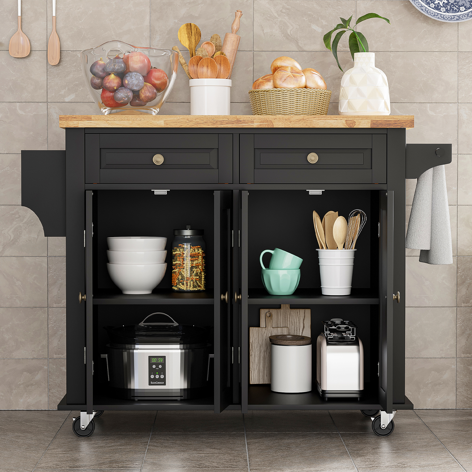 CAIDI Rolling Kitchen Island, Kitchen Cart with Rubber wood Countertop, Lockable Casters, Adjustable Shelves, Matte