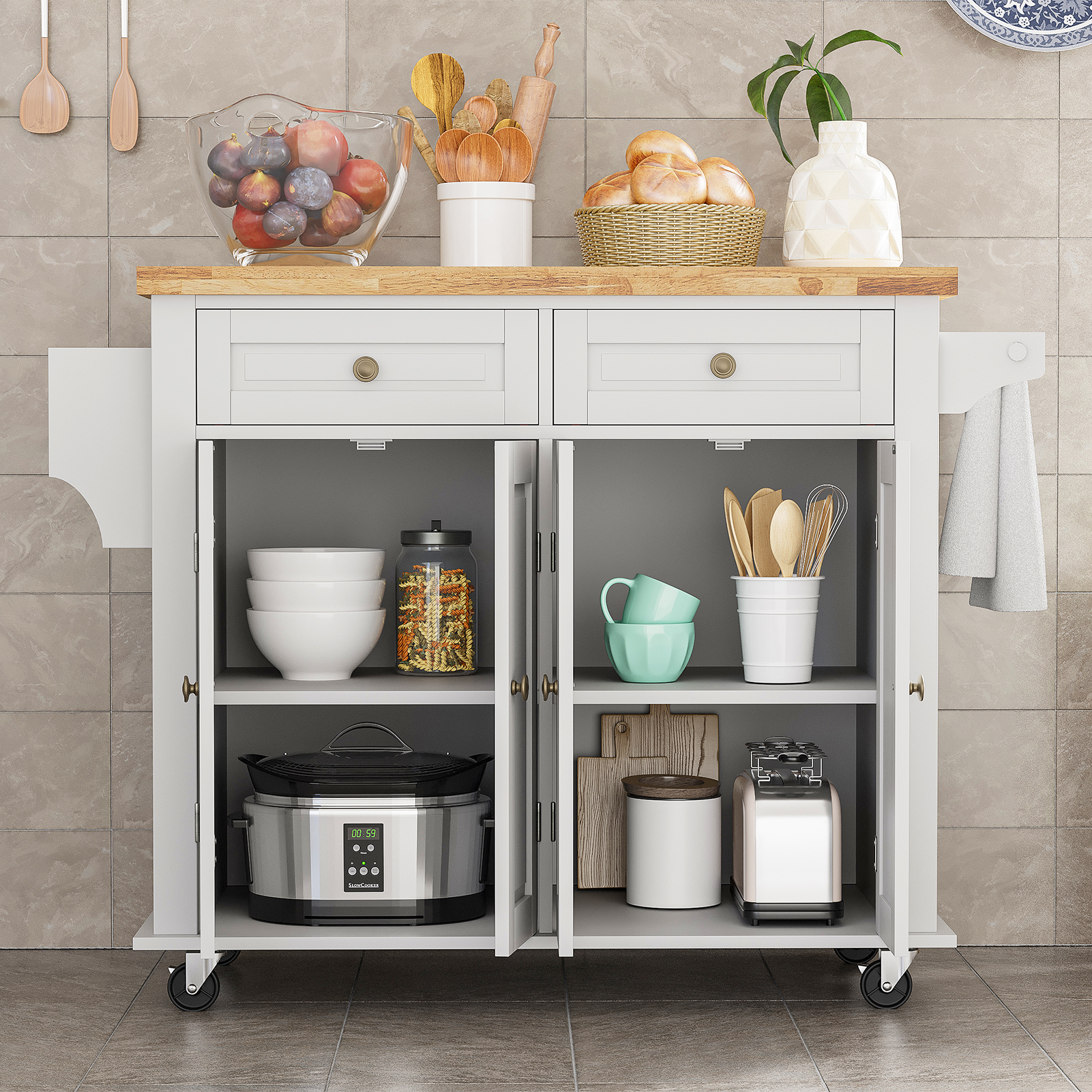CAIDI Rolling Kitchen Island, Kitchen Cart with Rubber wood Countertop, Lockable Casters, Adjustable Shelves, Matte