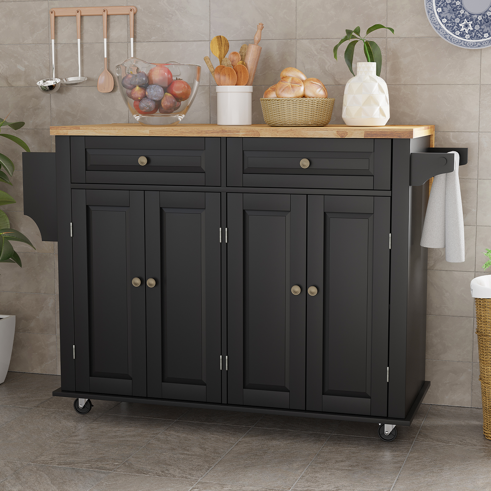 CAIDI Rolling Kitchen Island with Drop Leaf, Kitchen Cart with Rubber wood Countertop, Lockable Casters, Adjustable Shelves, Matte(Black-51.2"x29.5"x35.8")