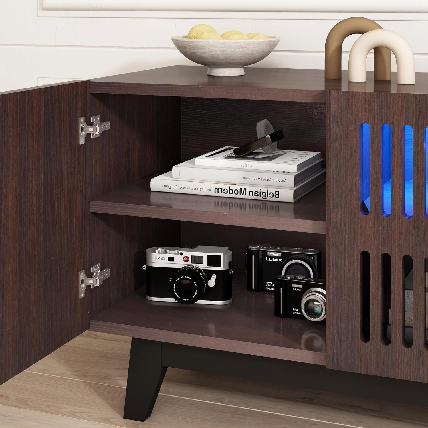 74 inch Mid-Century Modern TV Stand with LED Lights, Farmhouse TV Media Console Cabinet for TVs Up to 85 Inches, 4 Door Wood Shelf Entertainment Center with Storage, for Living Room