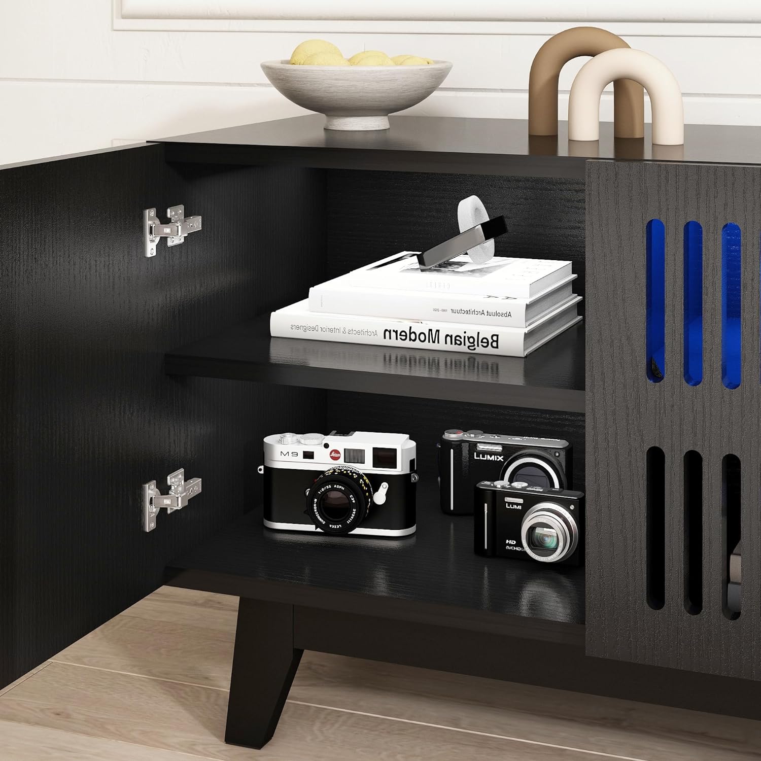 74 inch Mid-Century Modern TV Stand with LED Lights, Farmhouse TV Media Console Cabinet for TVs Up to 85 Inches, 4 Door Wood Shelf Entertainment Center with Storage, for Living Room