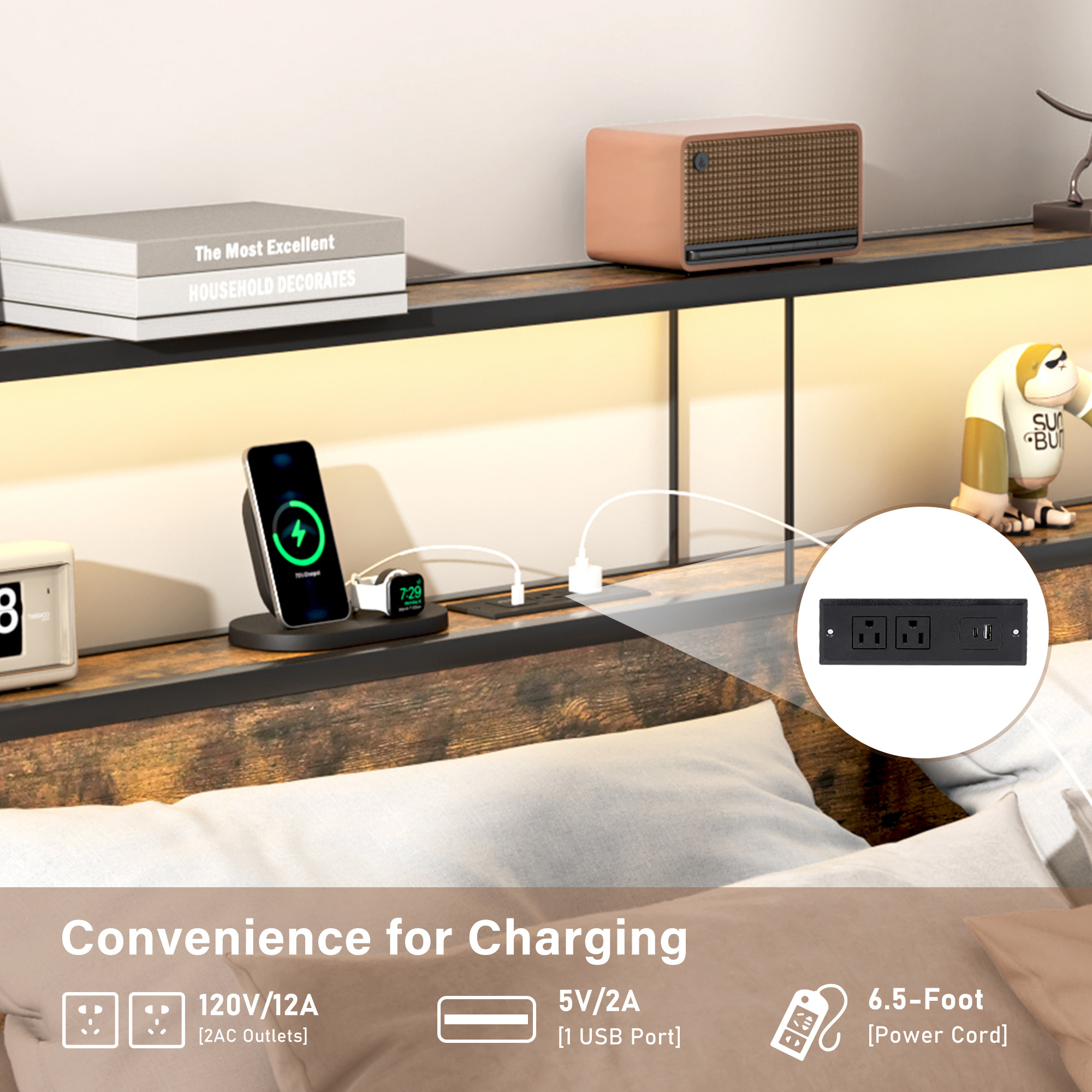 LED Bed Frame with Outlets USB Ports, Metal Platform Bed with Storage Headboard & 4 Large Drawers, No Box Spring Needed