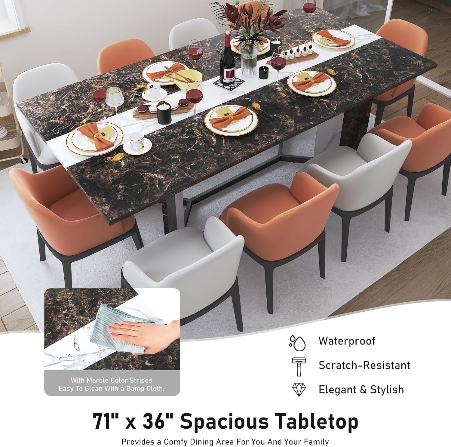 71 inch Large Rectangular Dining Table for 6-8 People, Dining Table with Marble-Color Wood Waterproof Tabletop and Adjustable Leg, 6ft Luxurious Family Dinner Table for Office Kitchen Living Room
