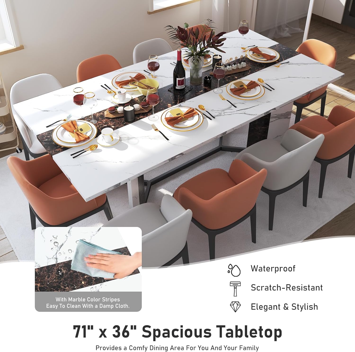 71 inch Large Rectangular Dining Table for 6-8 People, Dining Table with Marble-Color Wood Waterproof Tabletop and Adjustable Leg, 6ft Luxurious Family Dinner Table for Office Kitchen Living Room