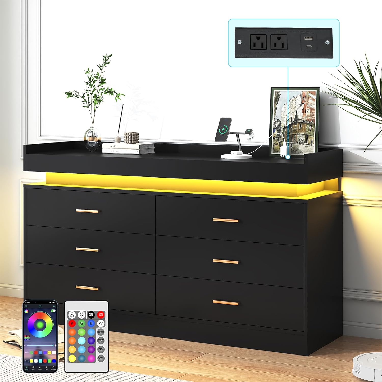 ANPOO 6 Drawer Dresser with Charging Station and LED Lights, Modern Wood Dresser with Wide Drawers and Metal Handles for Bedroom, Living Room