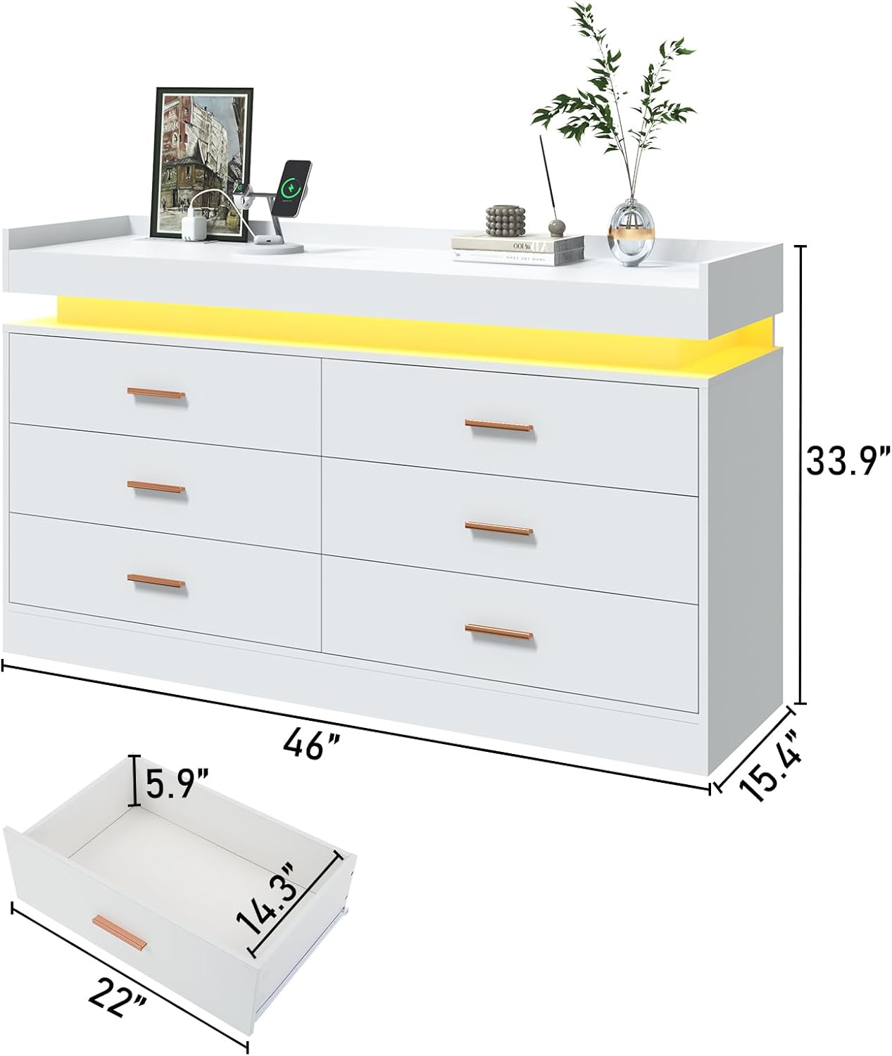 ANPOO 6 Drawer Dresser with Charging Station and LED Lights, Modern Wood Dresser with Wide Drawers and Metal Handles for Bedroom, Living Room