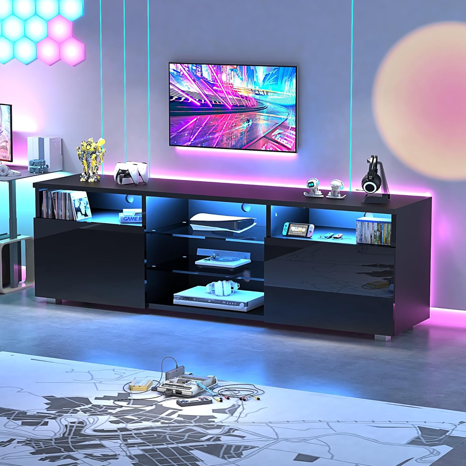 ANPOO LED TV Stand for 70/75/80 inch TV, High Glossy Entertainment Center with Drawer and Led Lights, Media Console for Living Game Room Bedroom