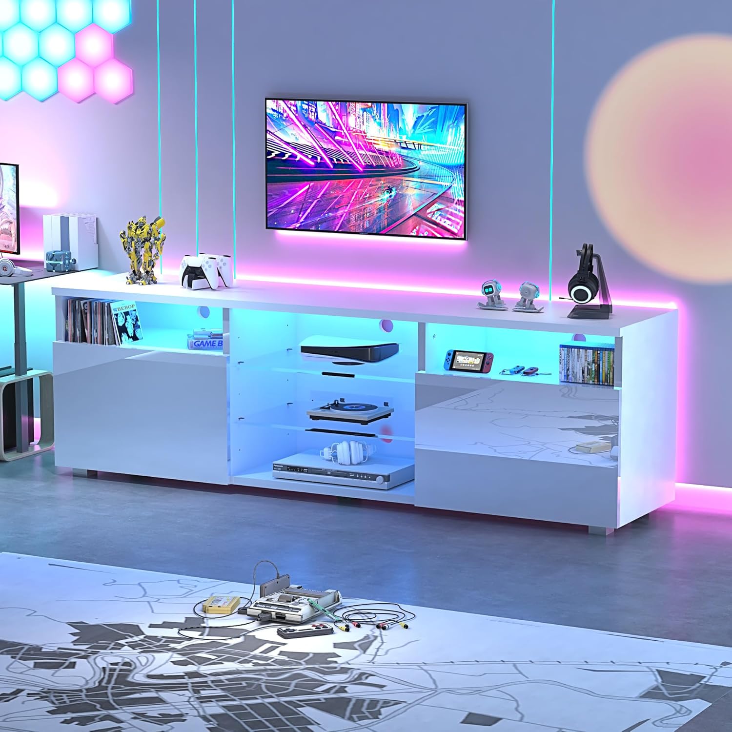 ANPOO LED TV Stand for 70/75/80 inch TV, High Glossy Entertainment Center with Drawer and Led Lights, Media Console for Living Game Room Bedroom