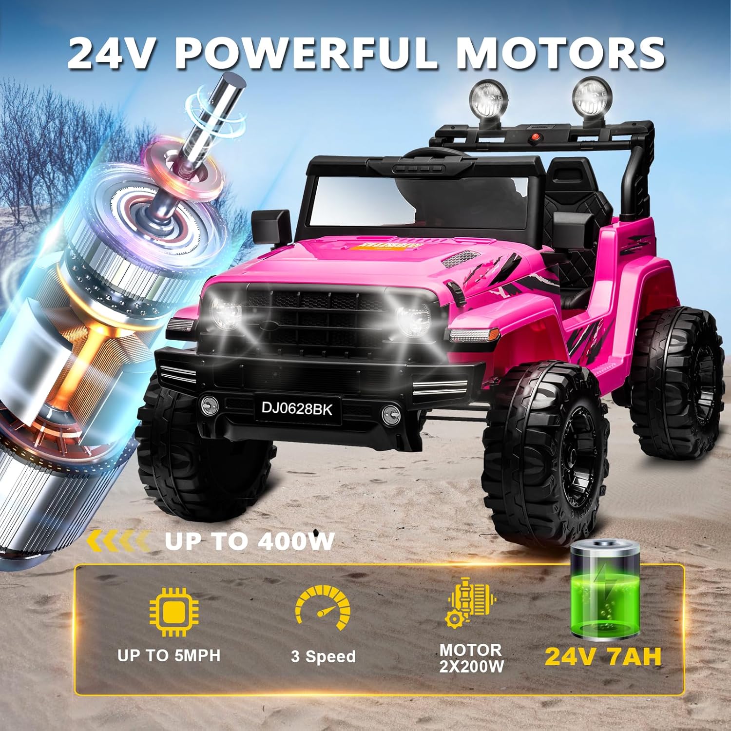 24 Volt Kids Electric Car Kids Ride On Car with Remote Control, 2-Seater Battery Powered Toy Car with LED Lights, Wheels Suspension, Music, Horn, 110 lbs Load