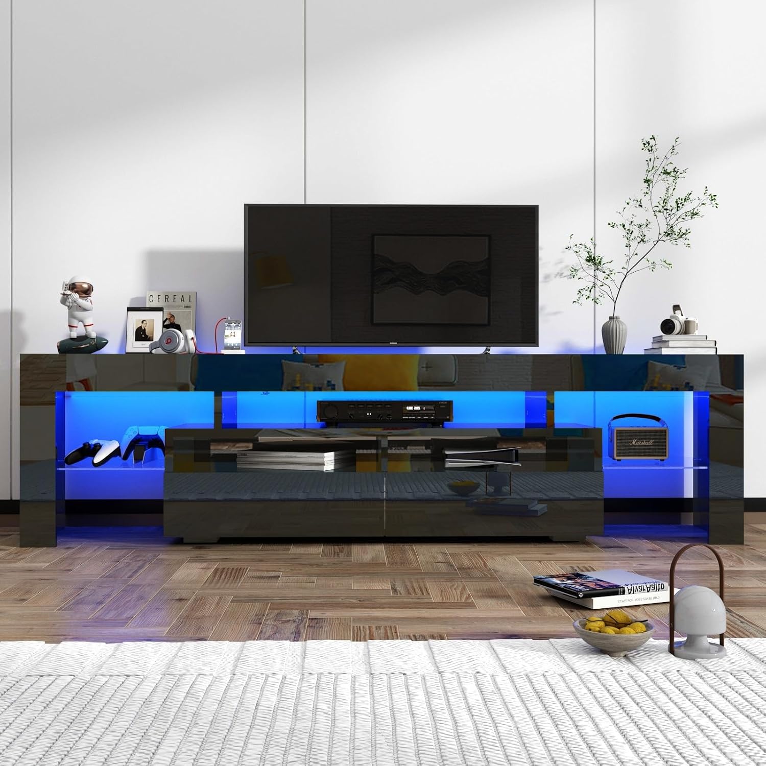 ChVans LED TV Stand for 80/90/100 inch TV, High Glossy Modern Entertainment Center with Drawer and LED Lights