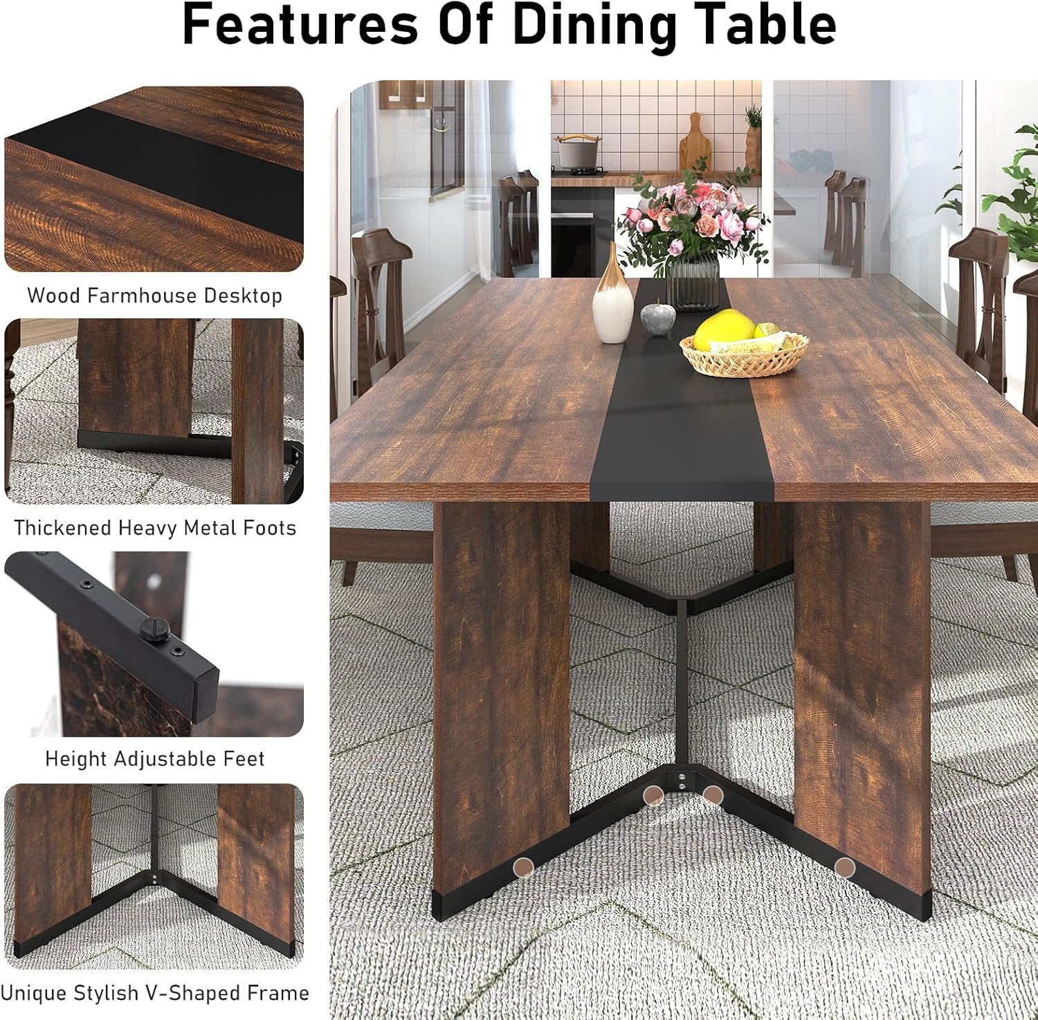 63 inch Large Rectangular Dining Table for 4-6 People, Dining Table with Marble-Color Wood Waterproof Tabletop and Adjustable Leg, Luxurious Family Dinner Table for Office Kitchen Living Room