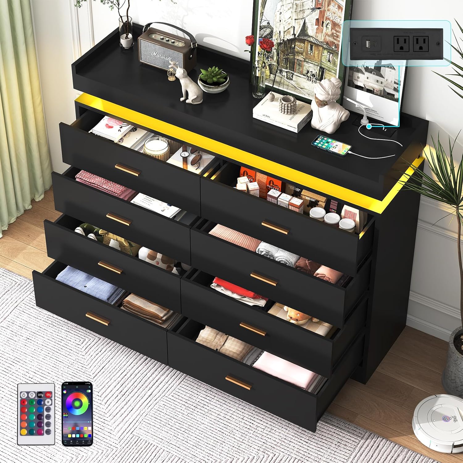 ANPOO 8 Drawer Dresser with Charging Station and LED Lights, Modern Wood Dresser with Wide Drawers and Metal Handles for Bedroom, Living Room