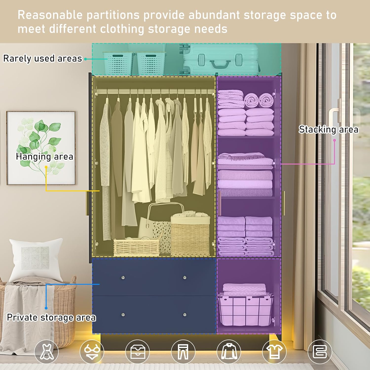 3 Doors Armoire Wardrobe Closet with Mirror and LED Lights, Armoire with Doors and Drawers, Modern Wooden Armoire Wardrobe Closet with Hanging Rod for Bedroom