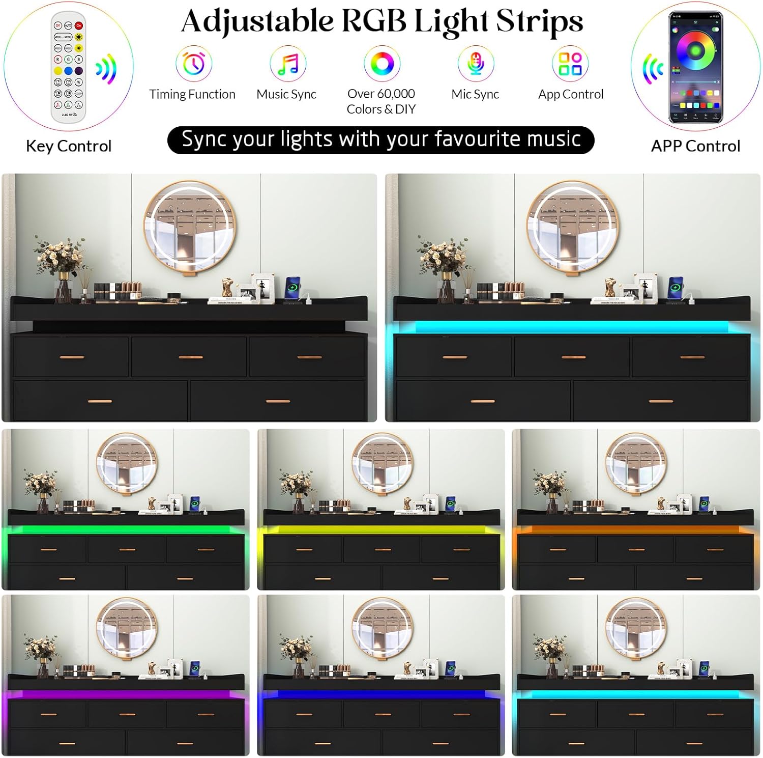 ChVans White Dresser with LED Light and Charging Station, Modern Wood Dresser with Wide Drawers and Metal Handles, 7 drawer dresser for Bedroom, Living Room, Entryway, Hallway