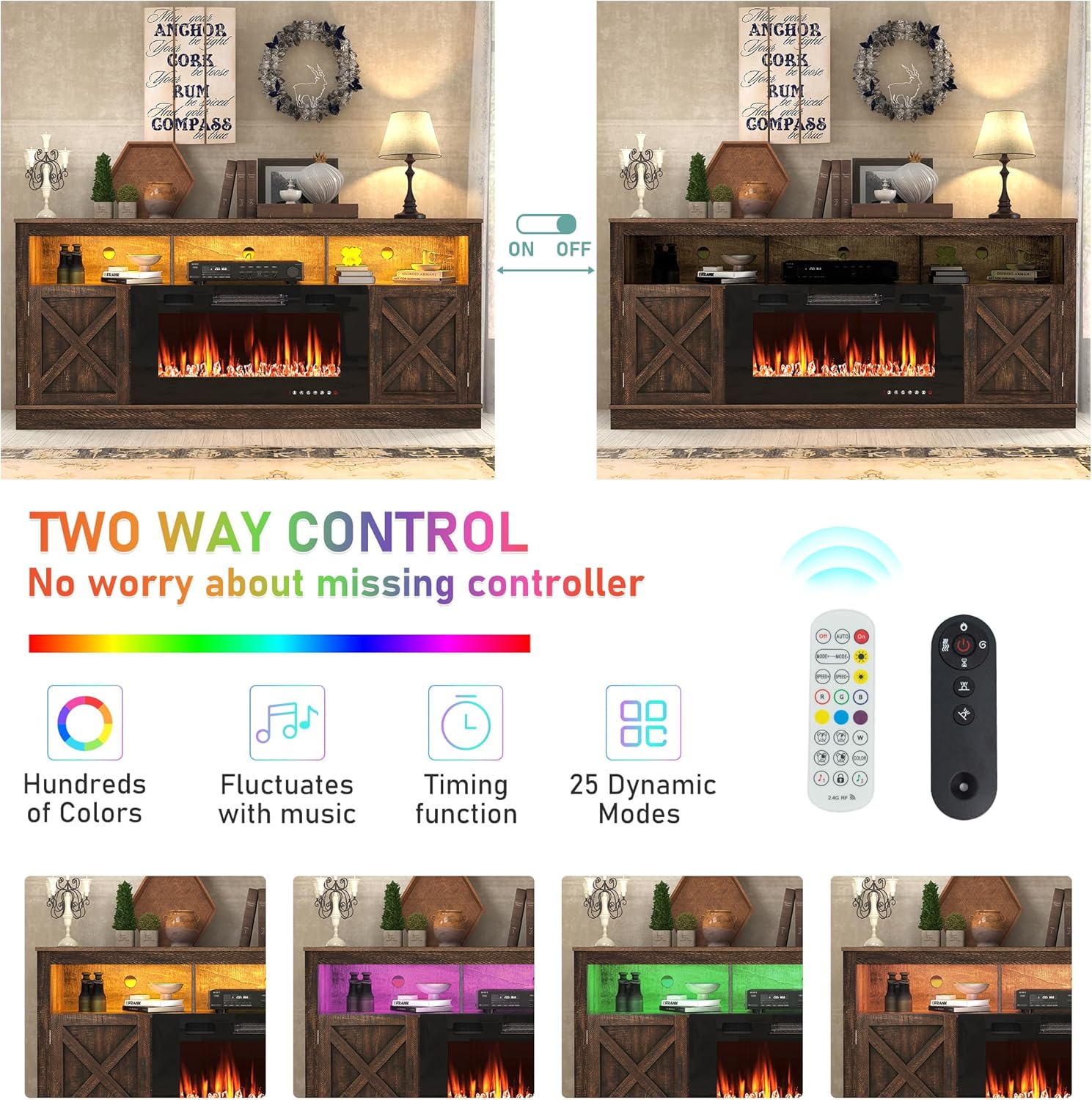 ChVans 70" Fireplace TV Stand for TVs up to 80" with 36" Electric Fireplace, Farmhouse Entertainment Center with LED, Wooden Media Console for Living Room, Bedroom(Grey)