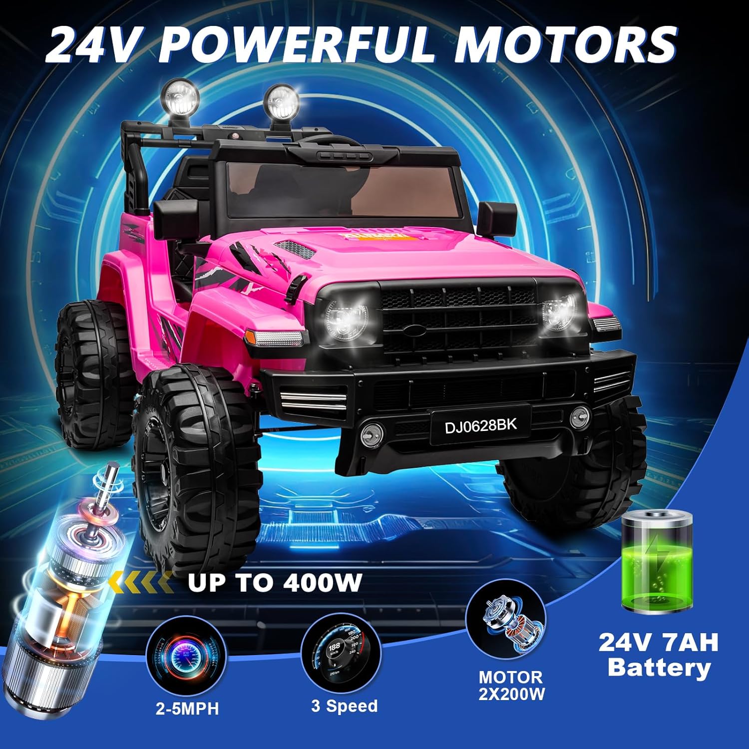 24V Kids Electric Ride on Car, 2-Seat Battery Powered Toy with LED Lights and Remote Control, Battery Powered Wheels Truck with USB Ports, MP3 Player, for Boys, Girls