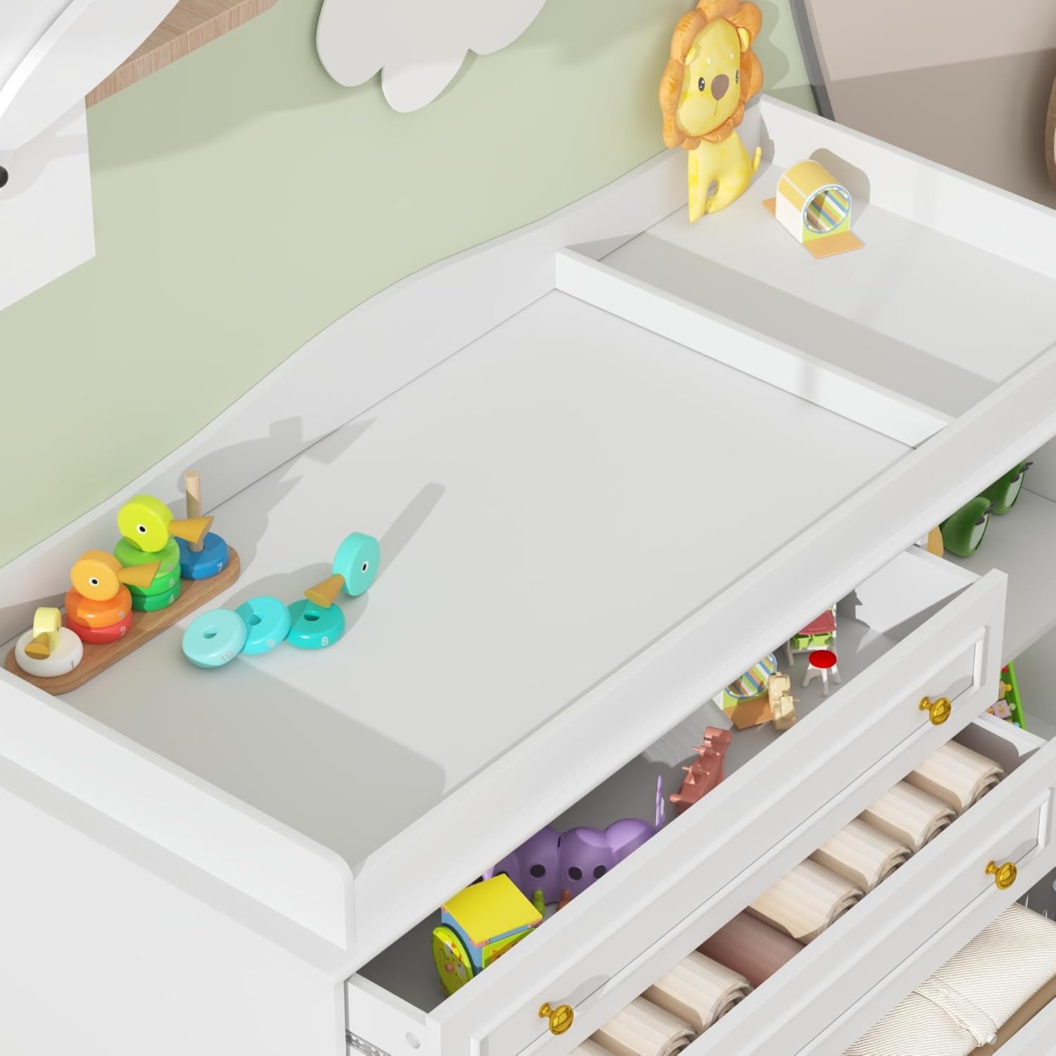 ChVans Changing Table Dresser, Baby Classic Nursery Dresser with 5 Drawers and 2 Shelves, Wood Chest of Drawers Nursery Storage Kids Organizer