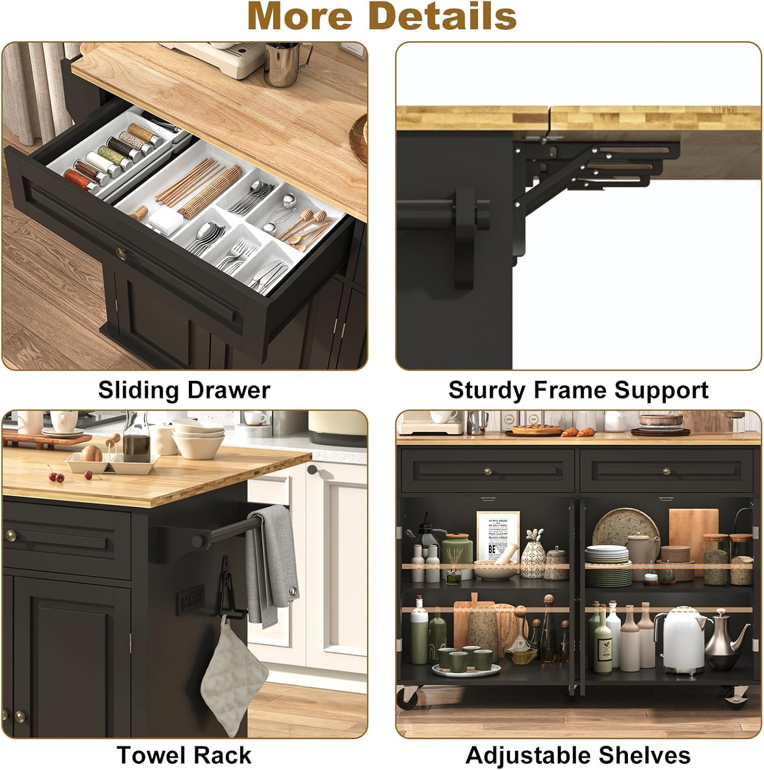 ChVans 59" W Kitchen Island with Drop Leaf, Rolling Kitchen Cart with Storage on Wheels, Large Island Table for Kitchen with Rubber Wood Top and Rack and Drawer