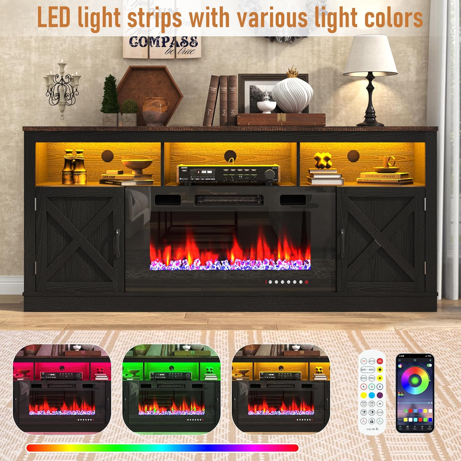 Fireplace TV Stand for 70/75/80 Inch TV with 36" Electric Fireplace, 70" Farmhouse Entertainment Center with LED Lights, Tall Media Console with Barn Door for Living Room, Bedroom