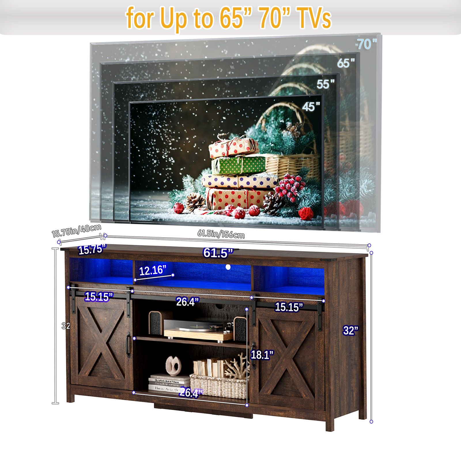 Farmhouse TV Stand for 65" 70" TVs with LED Light/Outlets USB Ports, 61" Large Entertainment Center with Sliding Barn Door & 4 Tier Storage