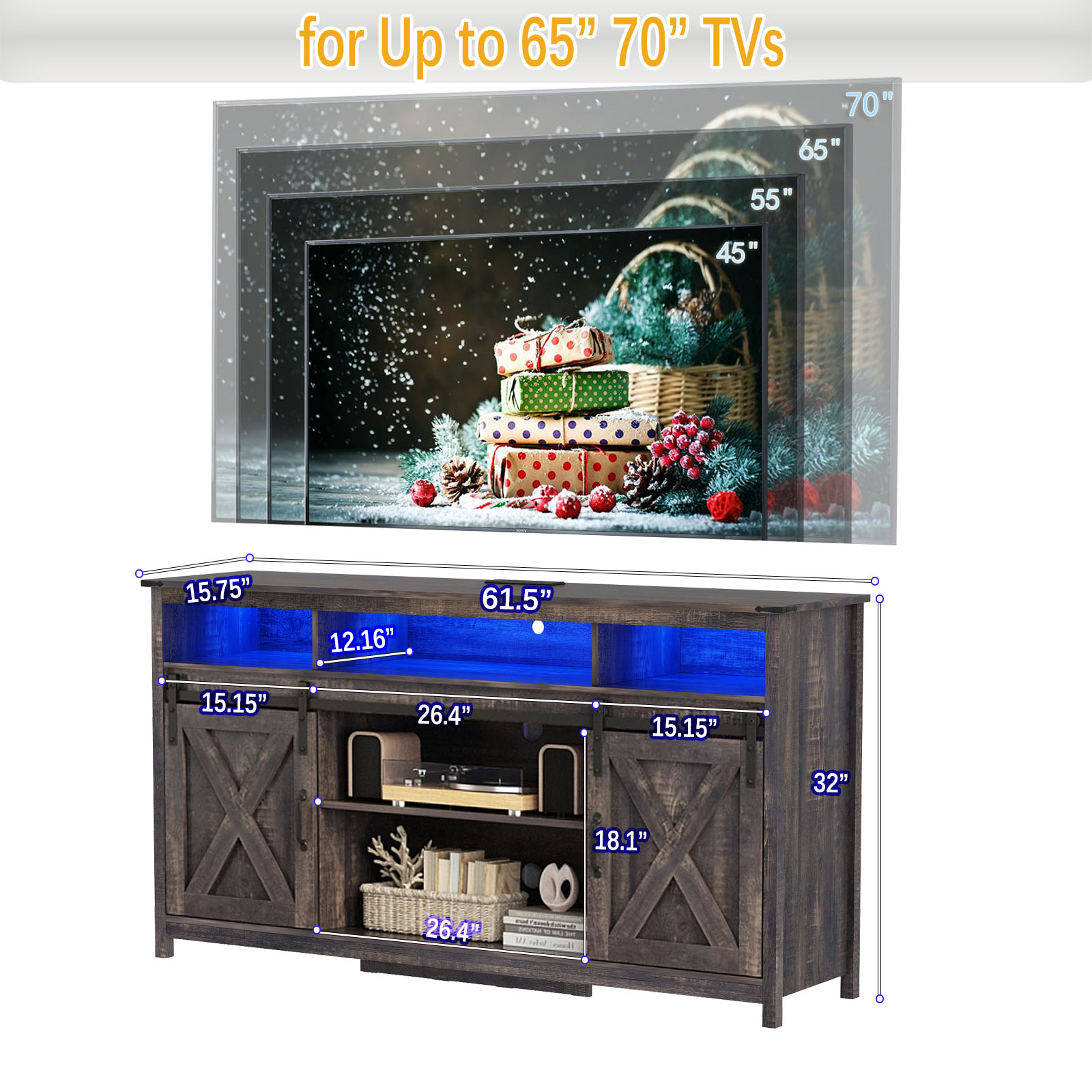 Farmhouse TV Stand for 65" 70" TVs with LED Light/Outlets USB Ports, 61" Large Entertainment Center with Sliding Barn Door & 4 Tier Storage