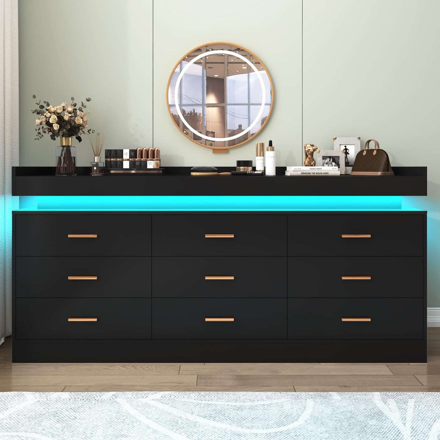 ChVans Black Dresser with LED Light, Modern Wood Dresser with Wide Drawers and Metal Handles, 9 drawer dresser for Bedroom, Living Room, Entryway, Hallway