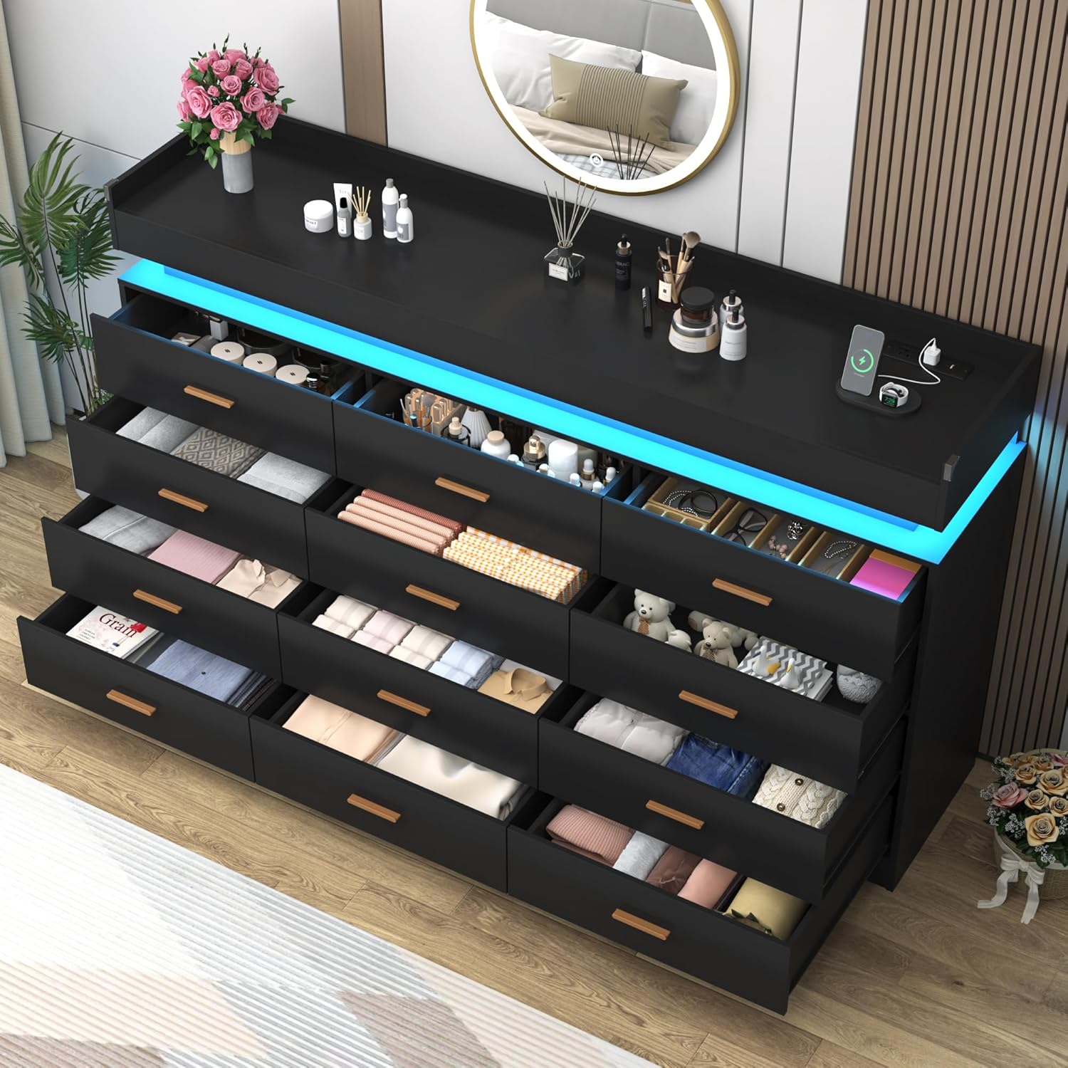 ChVans 12 Drawer Dresser with LED Lights and Charging Station, 70" Wide wood Chest of Drawers and Metal Handles, 45.7" Tall drawers dresser for bedroom, Living Room, Entryway, Hallway