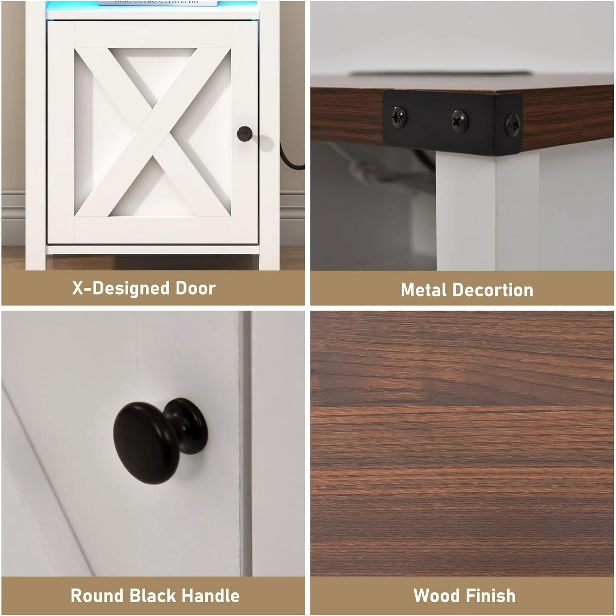 ChVans Set of 2 Farmhouse Nightstand with LED Lights & Charging Station for Bedroom, Rustic End Table with Barn Door & Storage Shelf, White