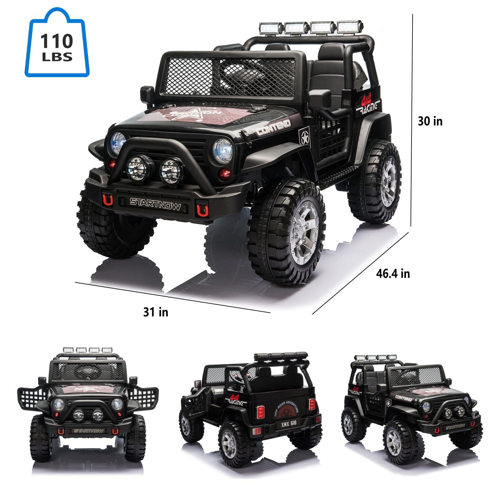 PWFE 12 Volt Kids Electric Car Kids Ride On Car with Remote Control, 2 Seats Kids Jeep with LED Lights, Wheels Suspension, Music, Horn, 110lbs Load(Black)